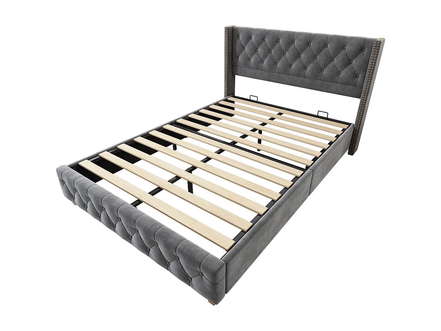 Lit double 160x200 cm avec sommier à lattes, tête de lit capitonnée et clous décoratifs, velours gris (Sans matelas)