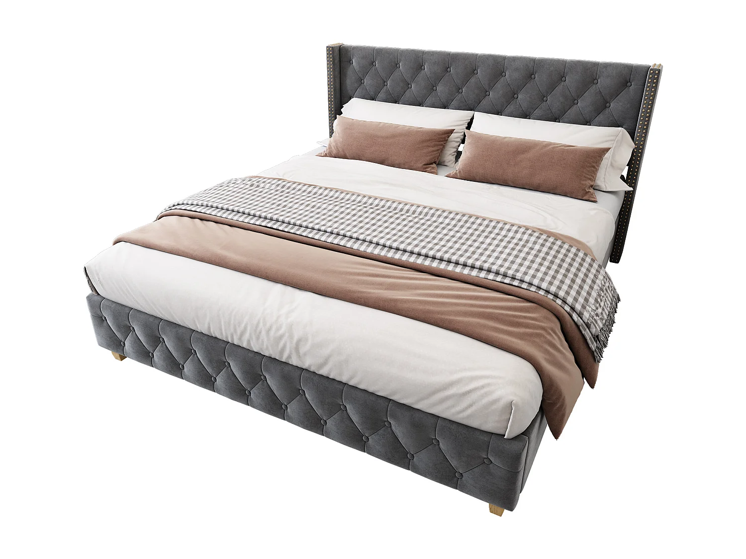 Lit double 160x200 cm avec sommier à lattes, tête de lit capitonnée et clous décoratifs, velours gris (Sans matelas)