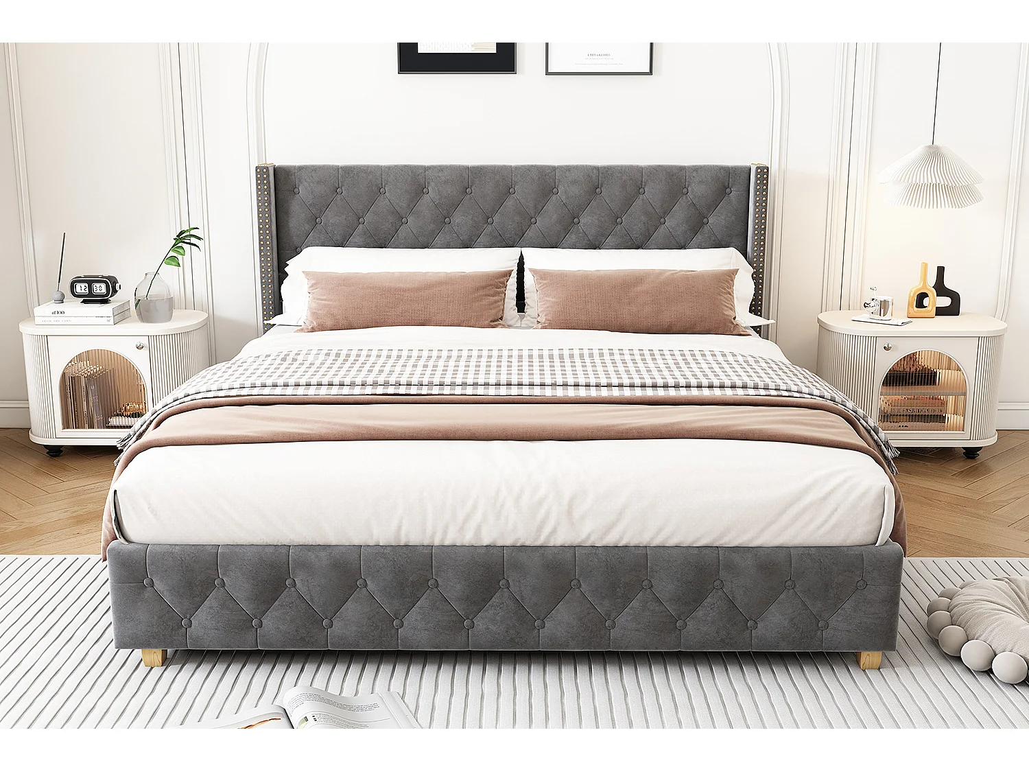 Lit double 160x200 cm avec sommier à lattes, tête de lit capitonnée et clous décoratifs, velours gris (Sans matelas)