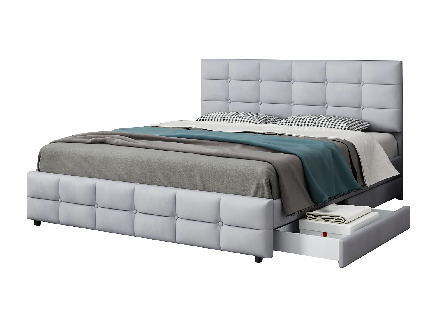 Lit double 180x200cm avec quatre tiroirs Cadre de lit à lattes Revêtement en velours en gris pour adulte et adolescent