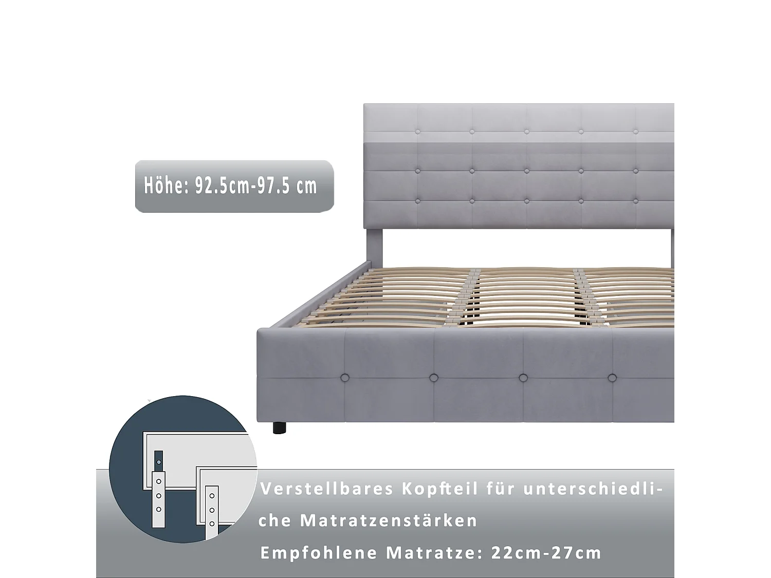 Lit double 180x200cm avec quatre tiroirs Cadre de lit à lattes Revêtement en velours en gris pour adulte et adolescent