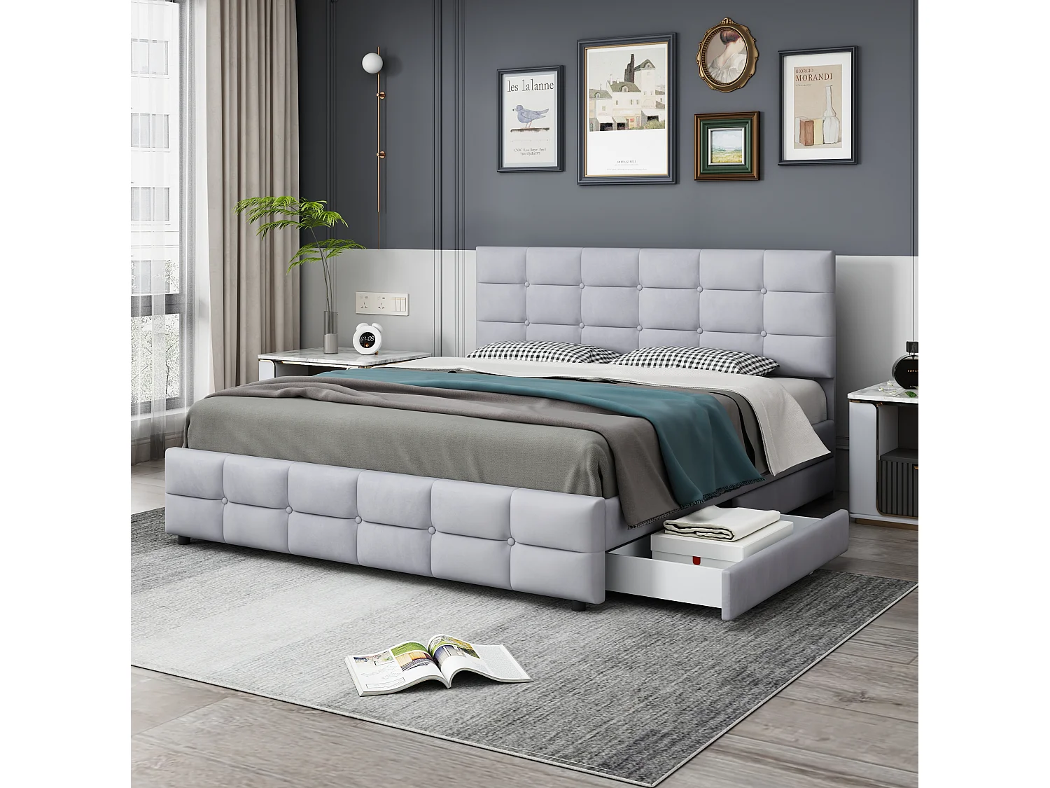 Lit double 180x200 cm avec 4 tiroirs et sommier à lattes, tête de lit, tissu rembourré gris (Sans matelas)