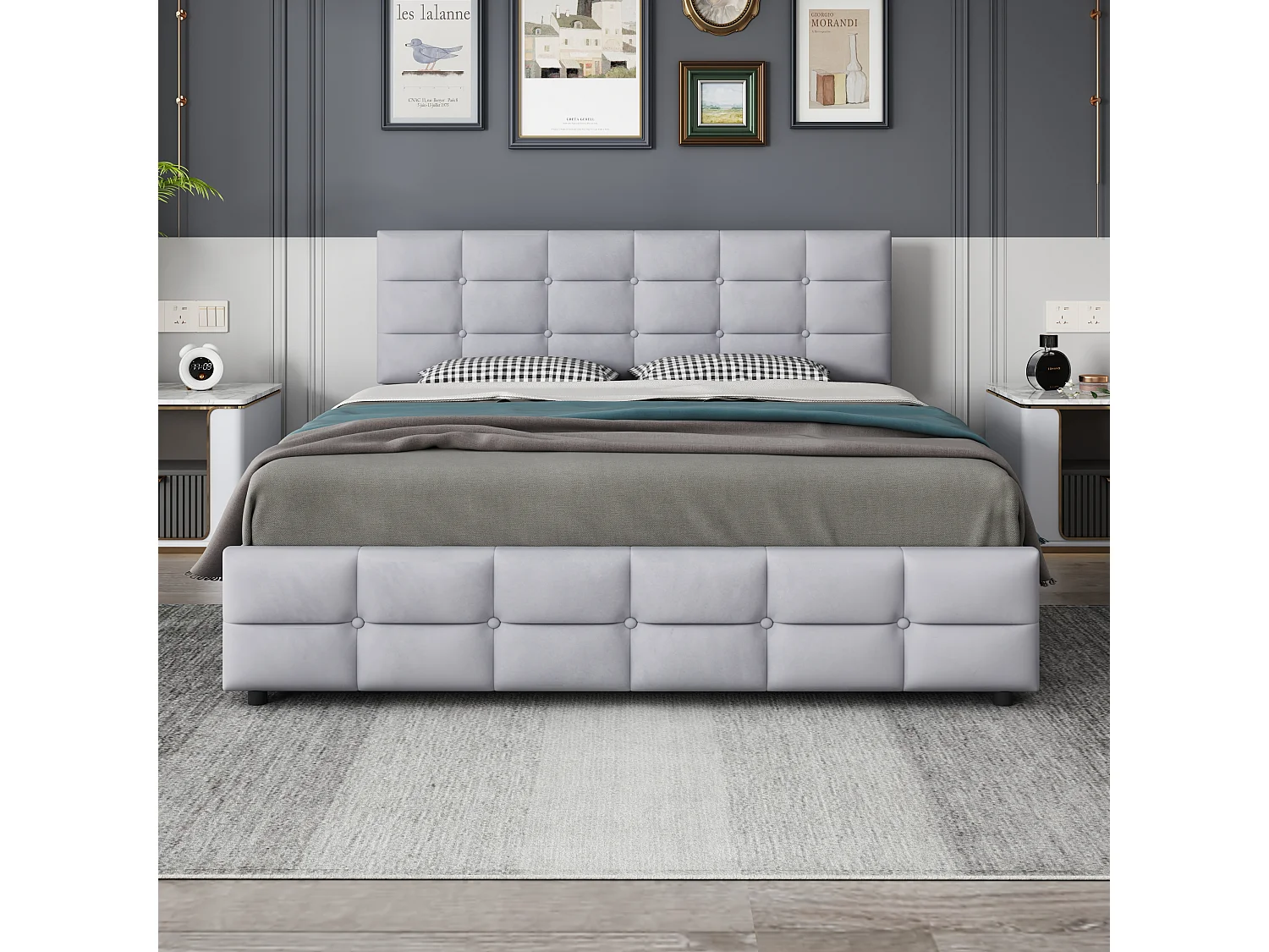 Lit double 180x200 cm avec 4 tiroirs et sommier à lattes, tête de lit, tissu rembourré gris (Sans matelas)