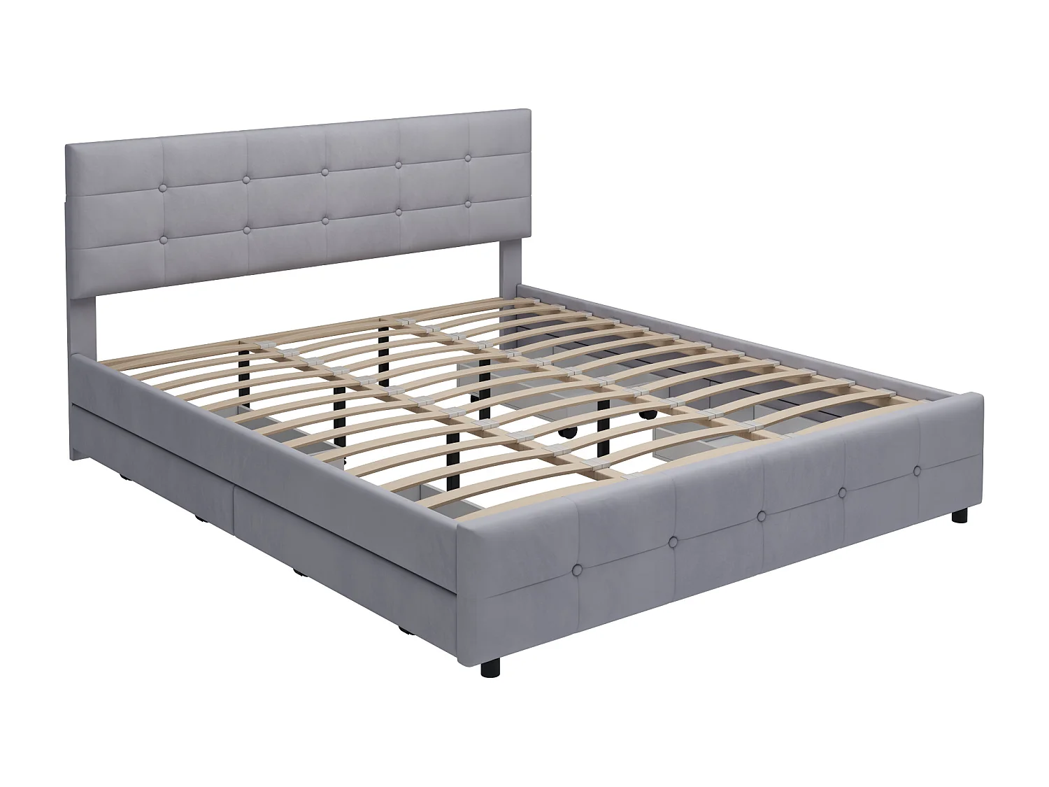 Lit double 180x200 cm avec 4 tiroirs et sommier à lattes, tête de lit, tissu rembourré gris (Sans matelas)