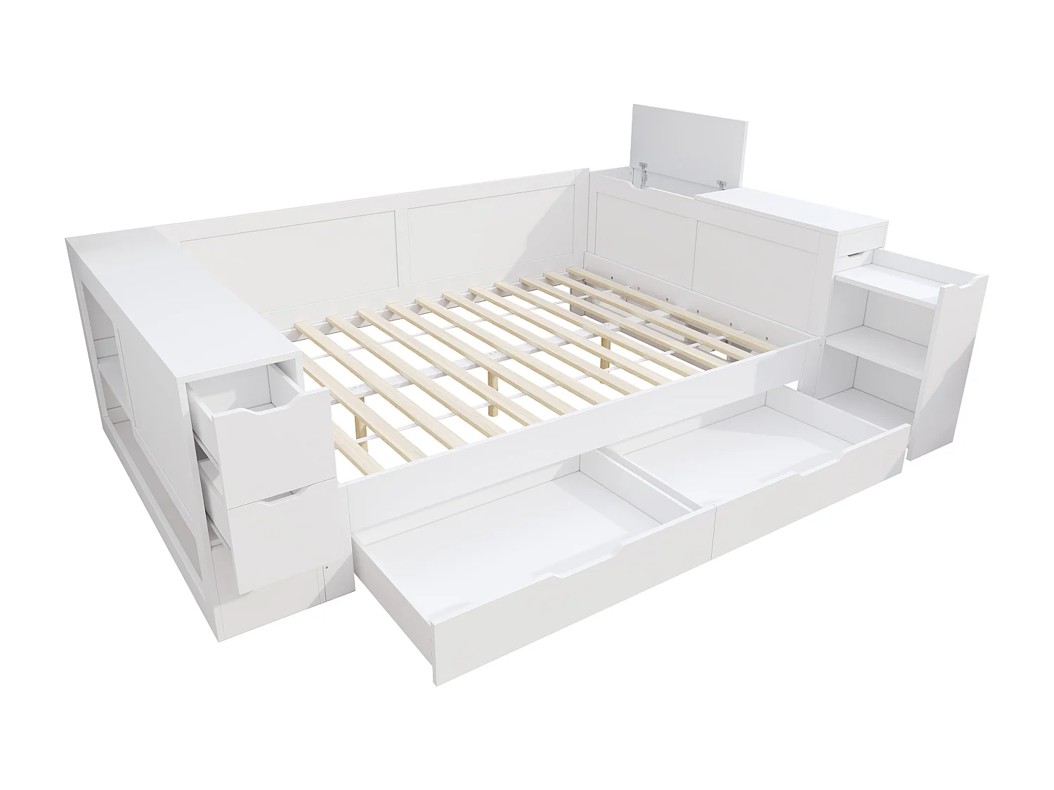 Lit adulte 140x200 cm avec sommier - 4 tiroirs et table de chevet - cadre en bois - blanc (sans matelas)