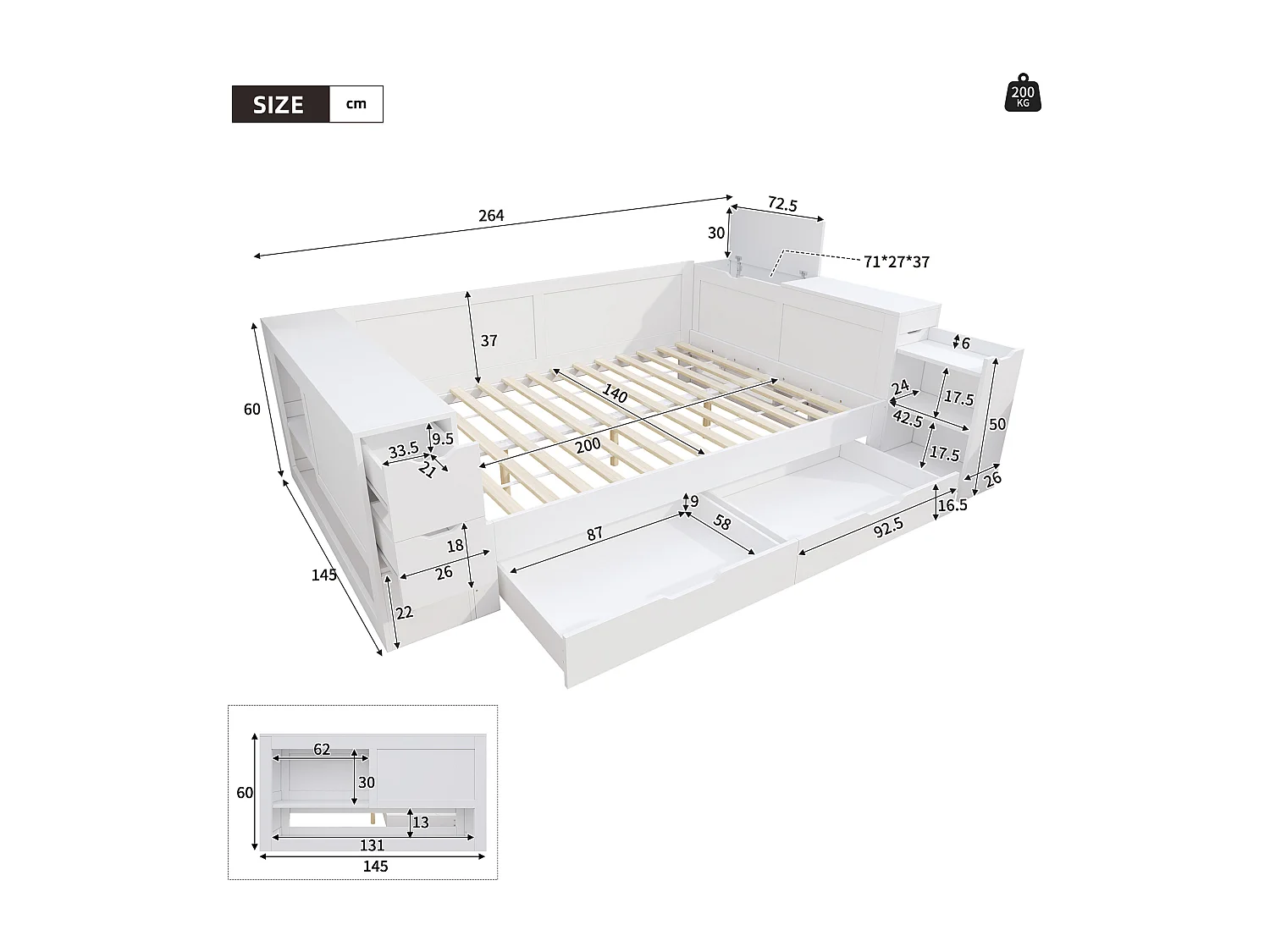 Lit adulte 140x200 cm avec sommier - 4 tiroirs et table de chevet - cadre en bois - blanc (sans matelas)