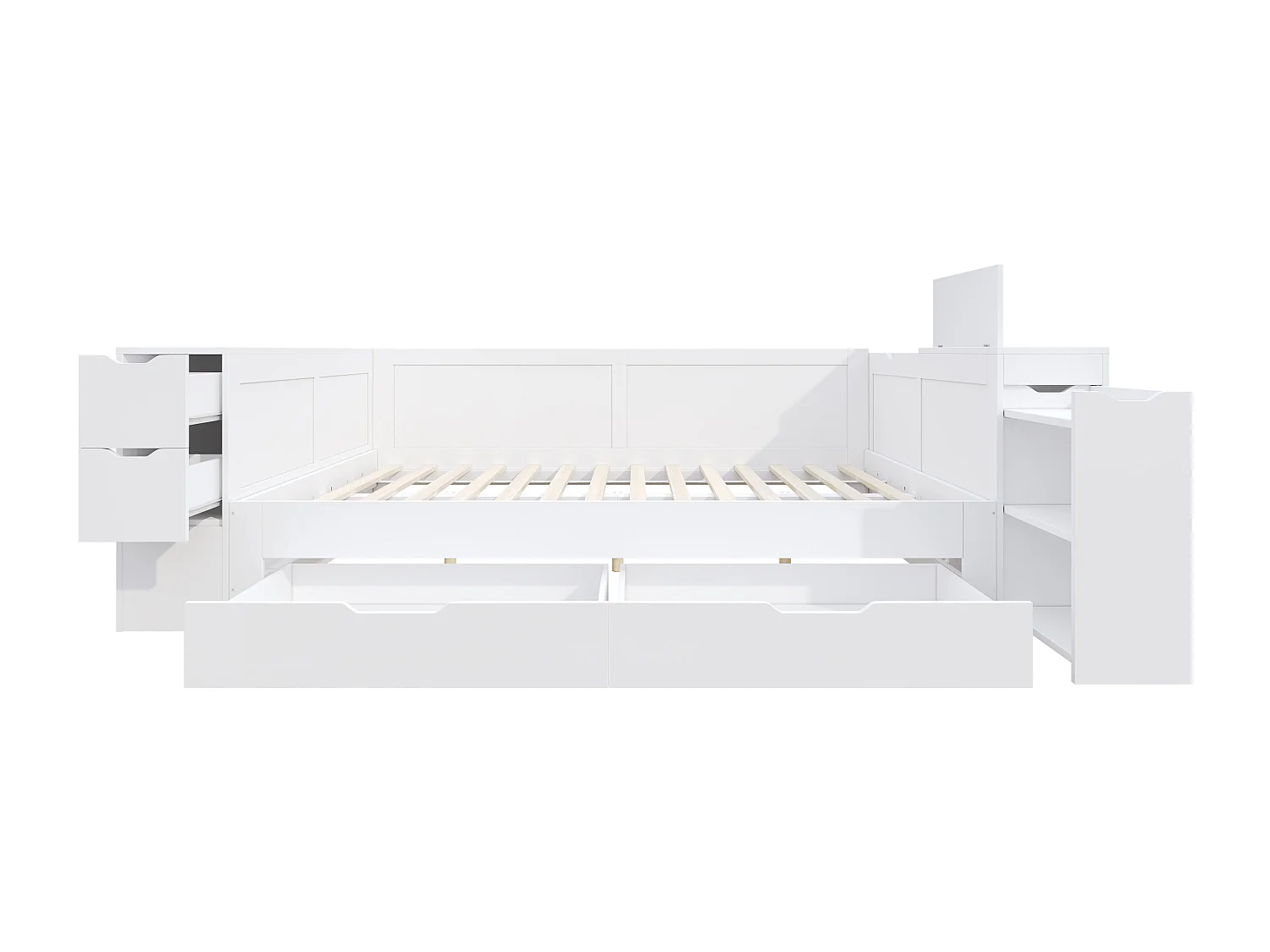 Lit adulte 140x200 cm avec sommier - 4 tiroirs et table de chevet - cadre en bois - blanc (sans matelas)