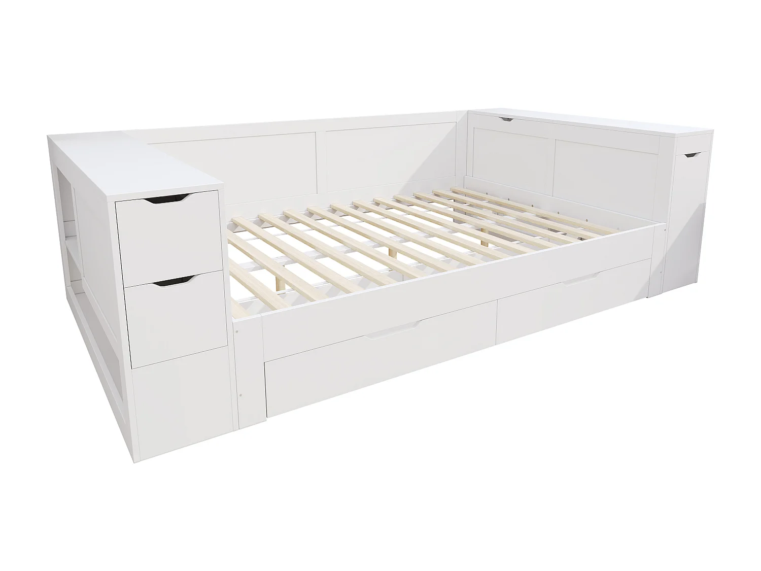 Lit adulte 140x200 cm avec sommier - 4 tiroirs et table de chevet - cadre en bois - blanc (sans matelas)
