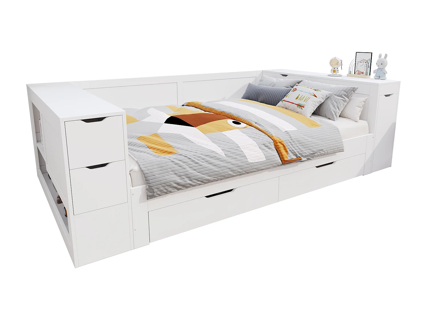 Lit adulte 140x200 cm avec sommier - 4 tiroirs et table de chevet - cadre en bois - blanc (sans matelas)