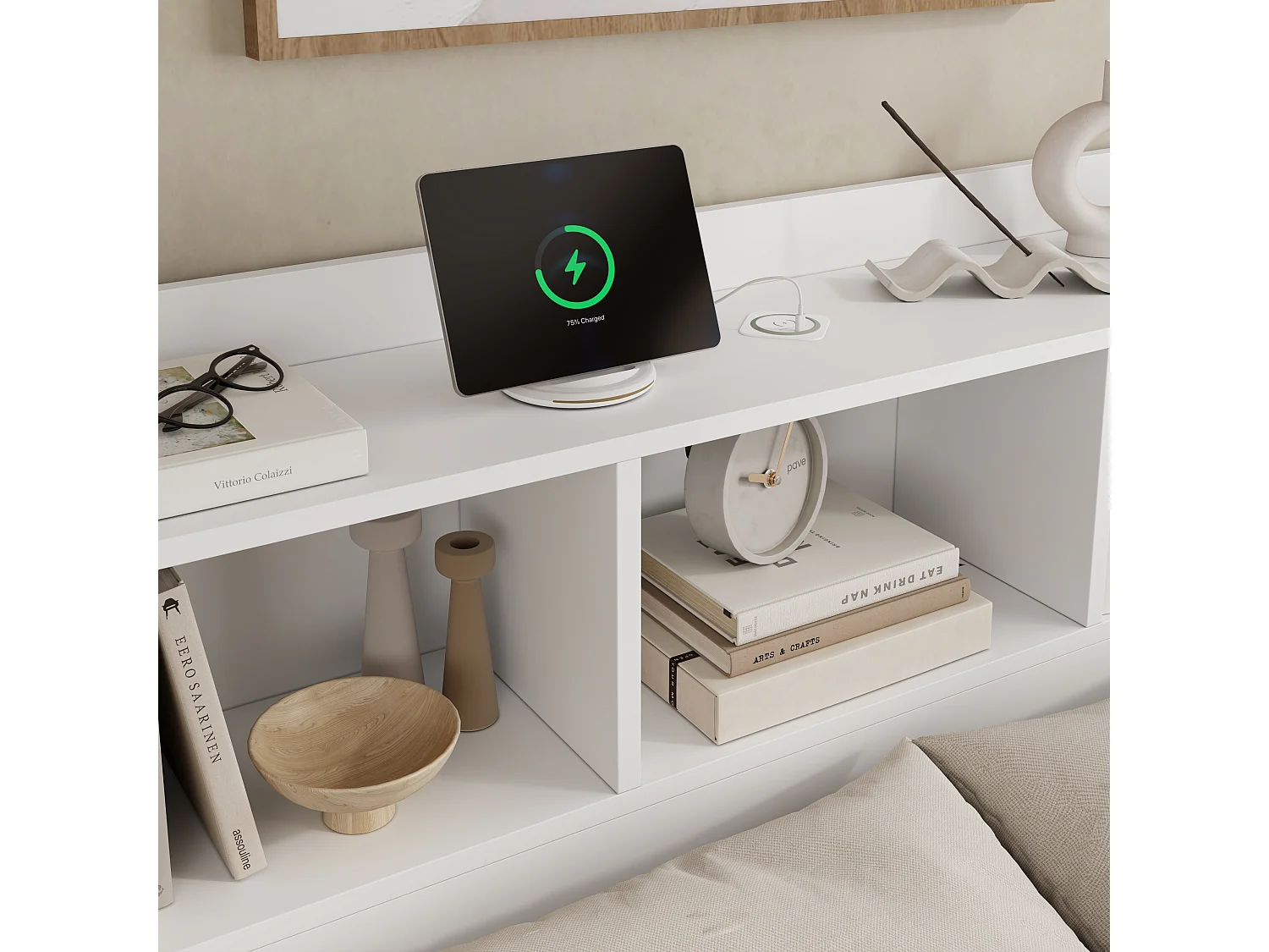 lit adulte 140x200 cm - tête de lit avec 2 tables de chevet et interface type c - bois - blanc (sans matelas)