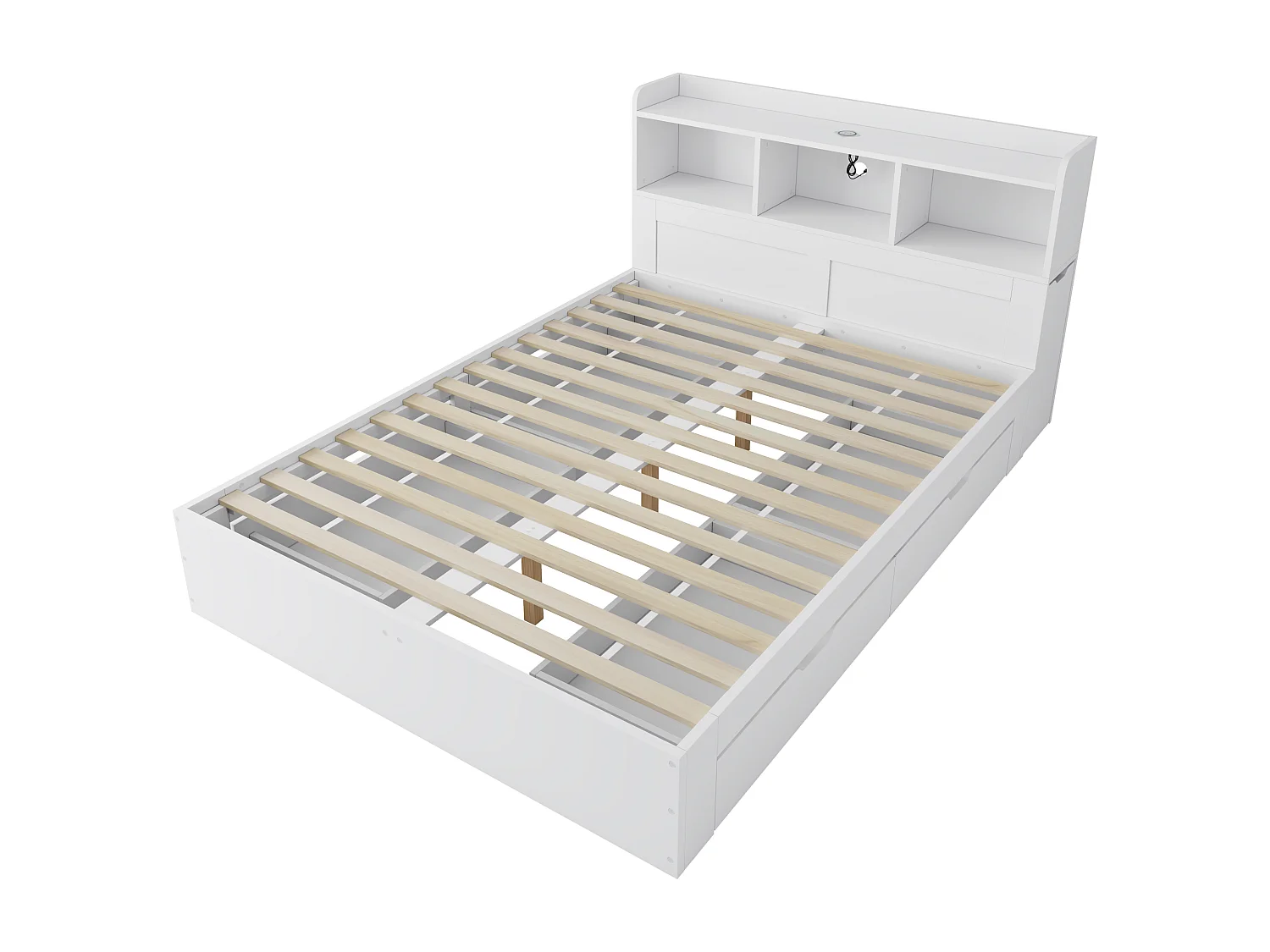 Lit double 140x200 cm avec 4 tiroirs, chevet coulissant et chargement Type C sans fil MDF blanc (Sans matelas)