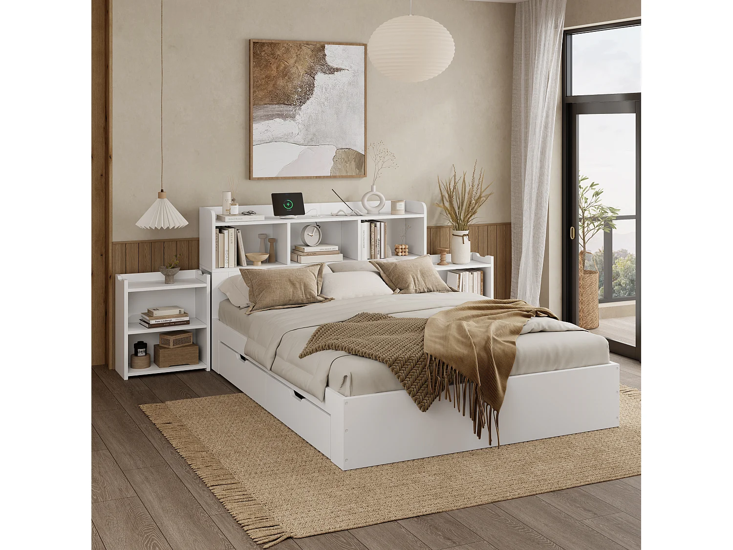 Lit double 140x200 cm avec 4 tiroirs, chevet coulissant et chargement Type C sans fil MDF blanc (Sans matelas)