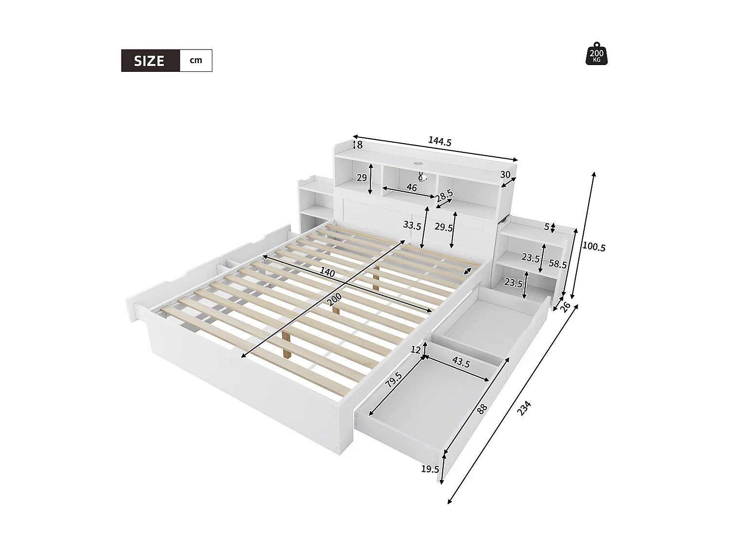 Lit double 140x200 cm avec 4 tiroirs, chevet coulissant et chargement Type C sans fil MDF blanc (Sans matelas)