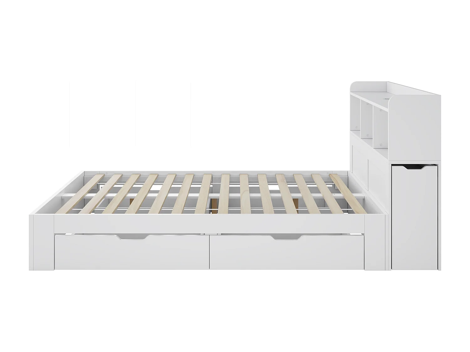 Lit double 140x200 cm avec 4 tiroirs, chevet coulissant et chargement Type C sans fil MDF blanc (Sans matelas)