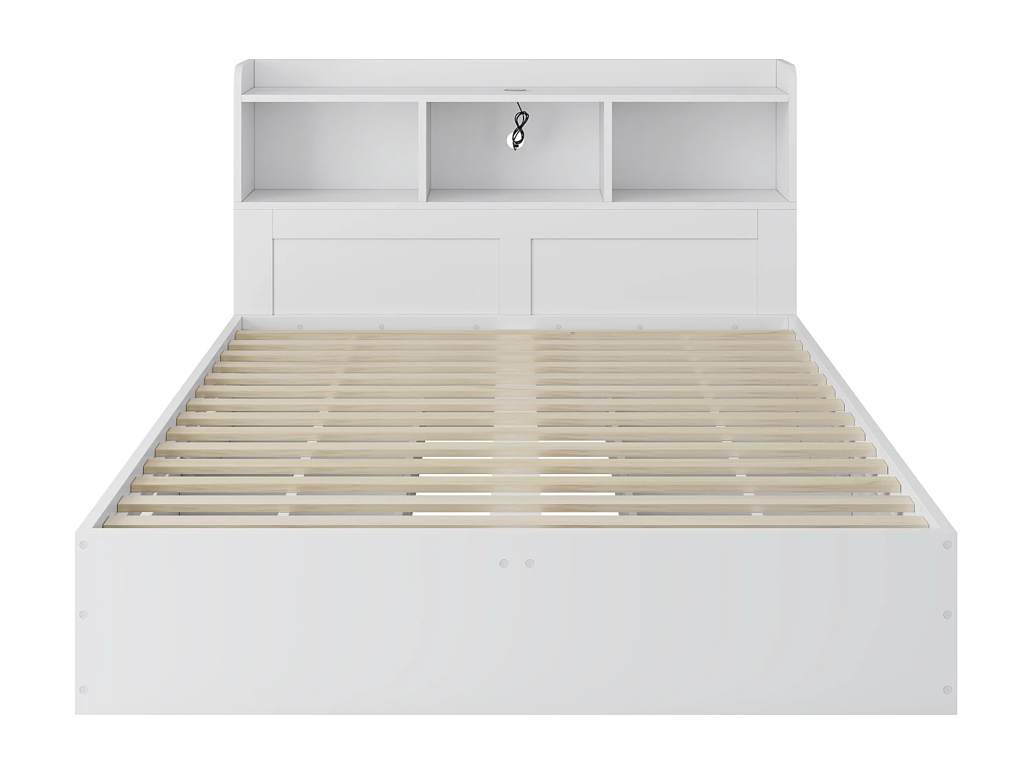 Lit double 140x200 cm avec 4 tiroirs, chevet coulissant et chargement Type C sans fil MDF blanc (Sans matelas)