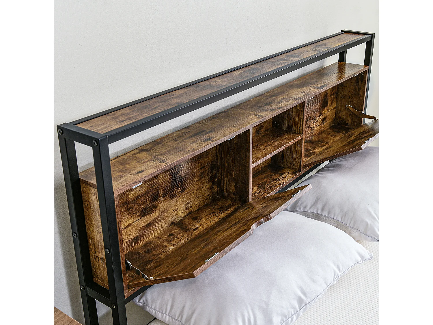 Lit double 140x200 cm avec tête de lit de rangement et espace sous le lit métal et bois naturel (Sans matelas)