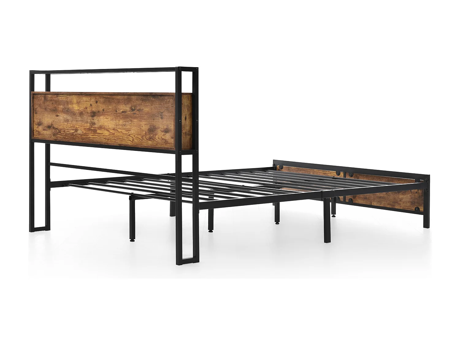 Lit double 140x200 cm avec tête de lit de rangement et espace sous le lit métal et bois naturel (Sans matelas)