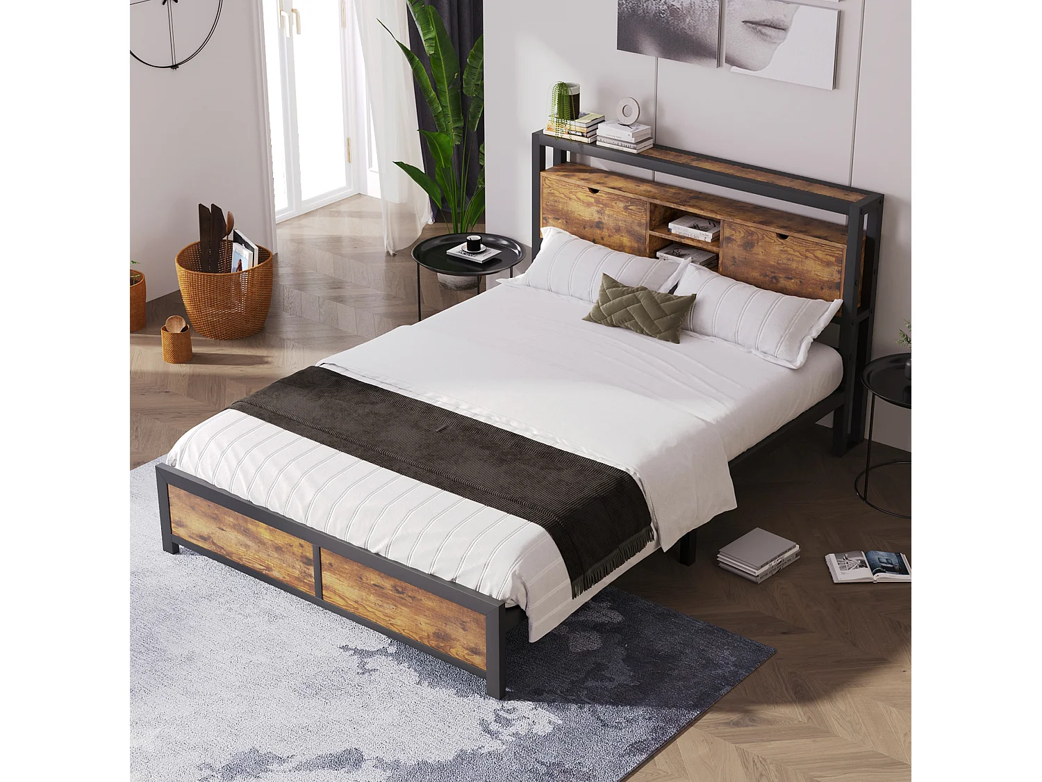 Lit double 140x200 cm avec tête de lit de rangement et espace sous le lit métal et bois naturel (Sans matelas)