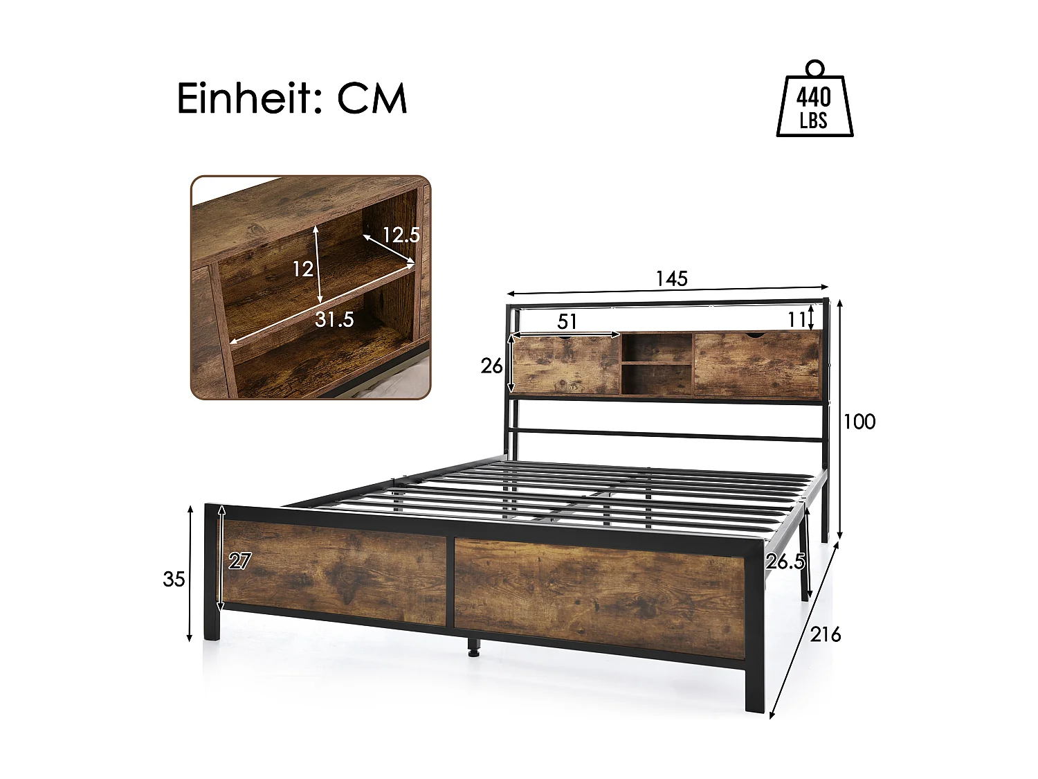 Lit double 140x200 cm avec tête de lit de rangement et espace sous le lit métal et bois naturel (Sans matelas)