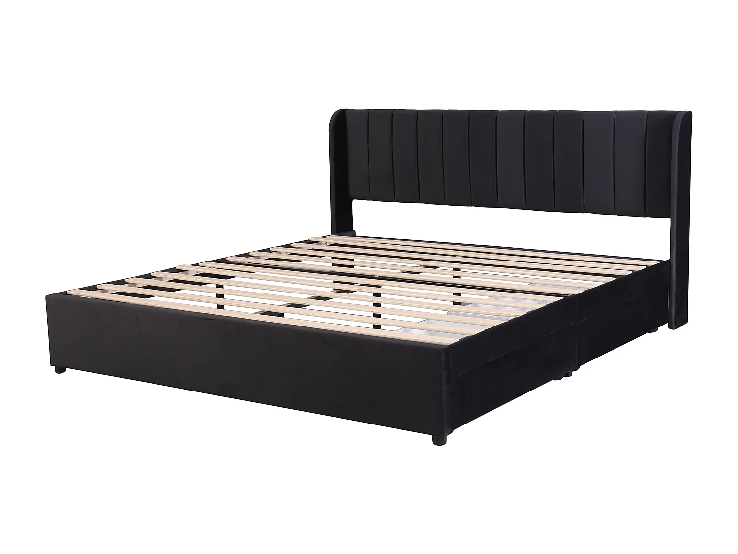 Lit double 180x200 cm avec tête de lit haute, 2 tiroirs, sommier à lattes, velours, noir (Sans matelas)