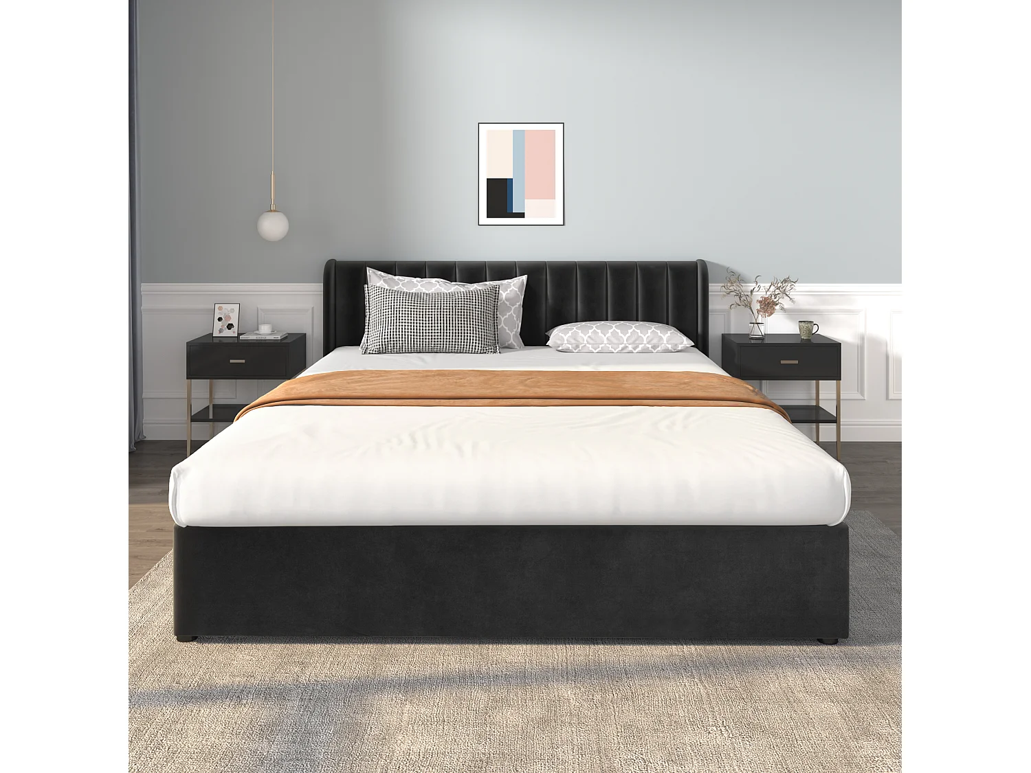 Lit double 180x200 cm avec tête de lit haute, 2 tiroirs, sommier à lattes, velours, noir (Sans matelas)