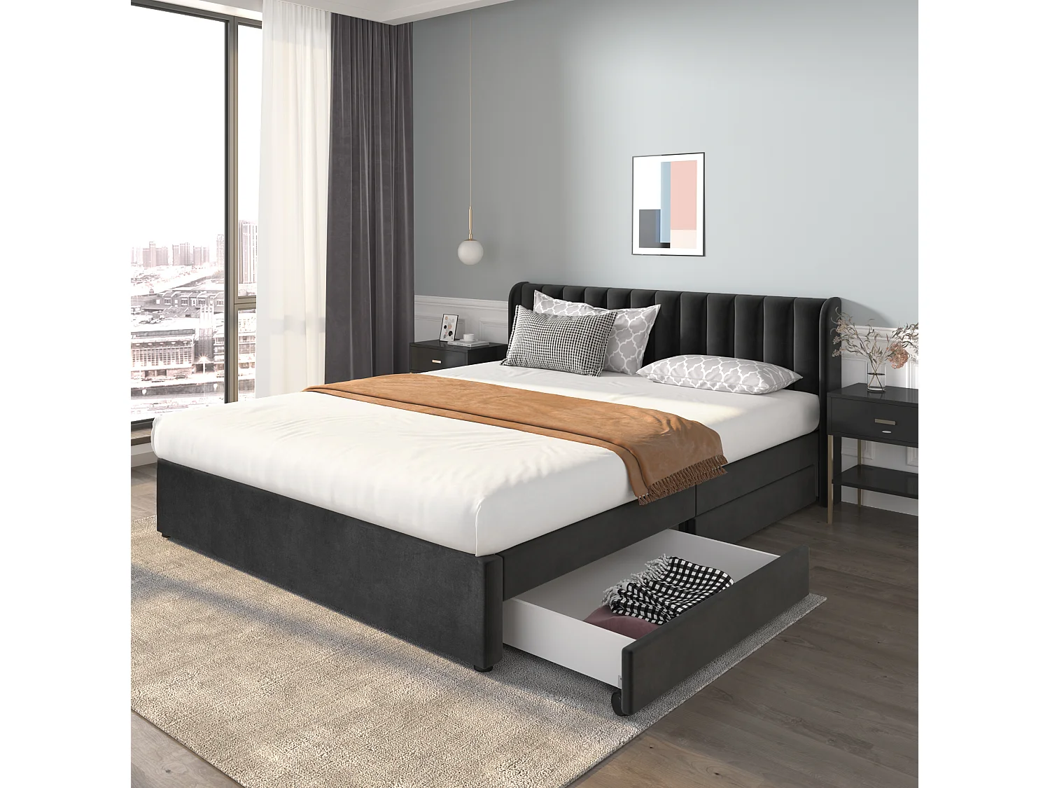 Lit double 180x200 cm avec tête de lit haute, 2 tiroirs, sommier à lattes, velours, noir (Sans matelas)