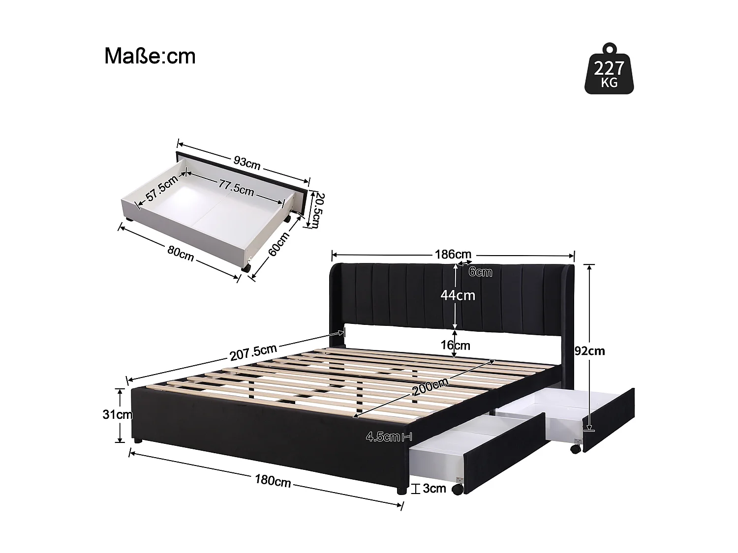 Lit double 180x200 cm avec tête de lit haute, 2 tiroirs, sommier à lattes, velours, noir (Sans matelas)