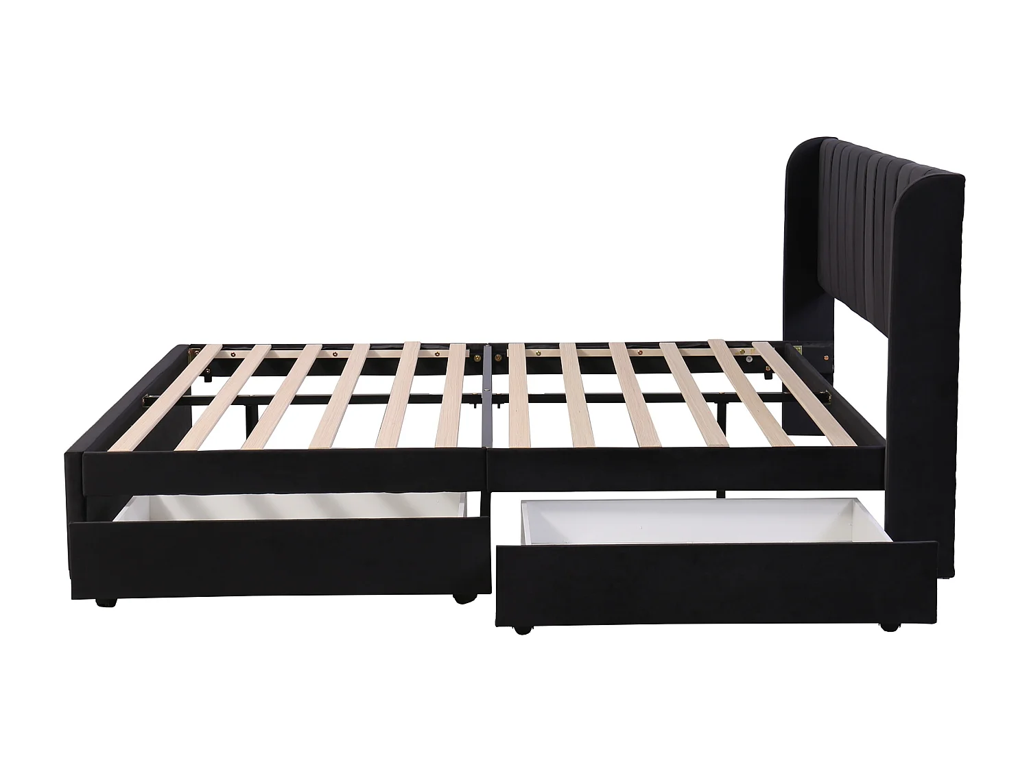 Lit double 180x200 cm avec tête de lit haute, 2 tiroirs, sommier à lattes, velours, noir (Sans matelas)