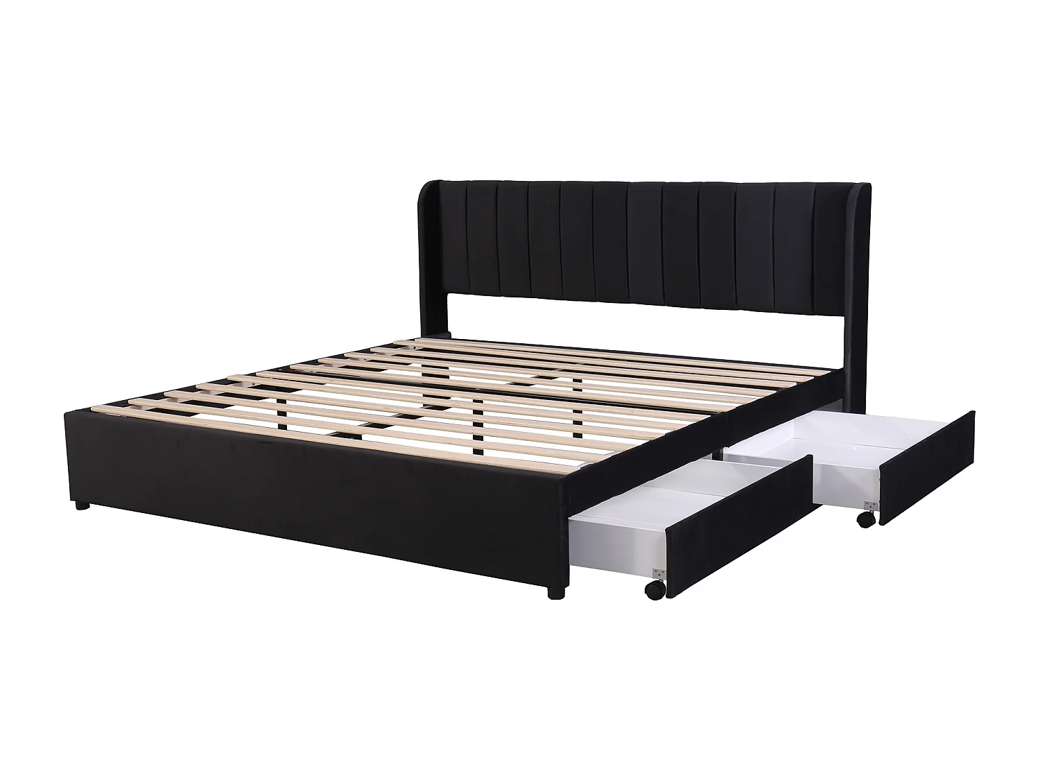 Lit double 180x200 cm avec tête de lit haute, 2 tiroirs, sommier à lattes, velours, noir (Sans matelas)