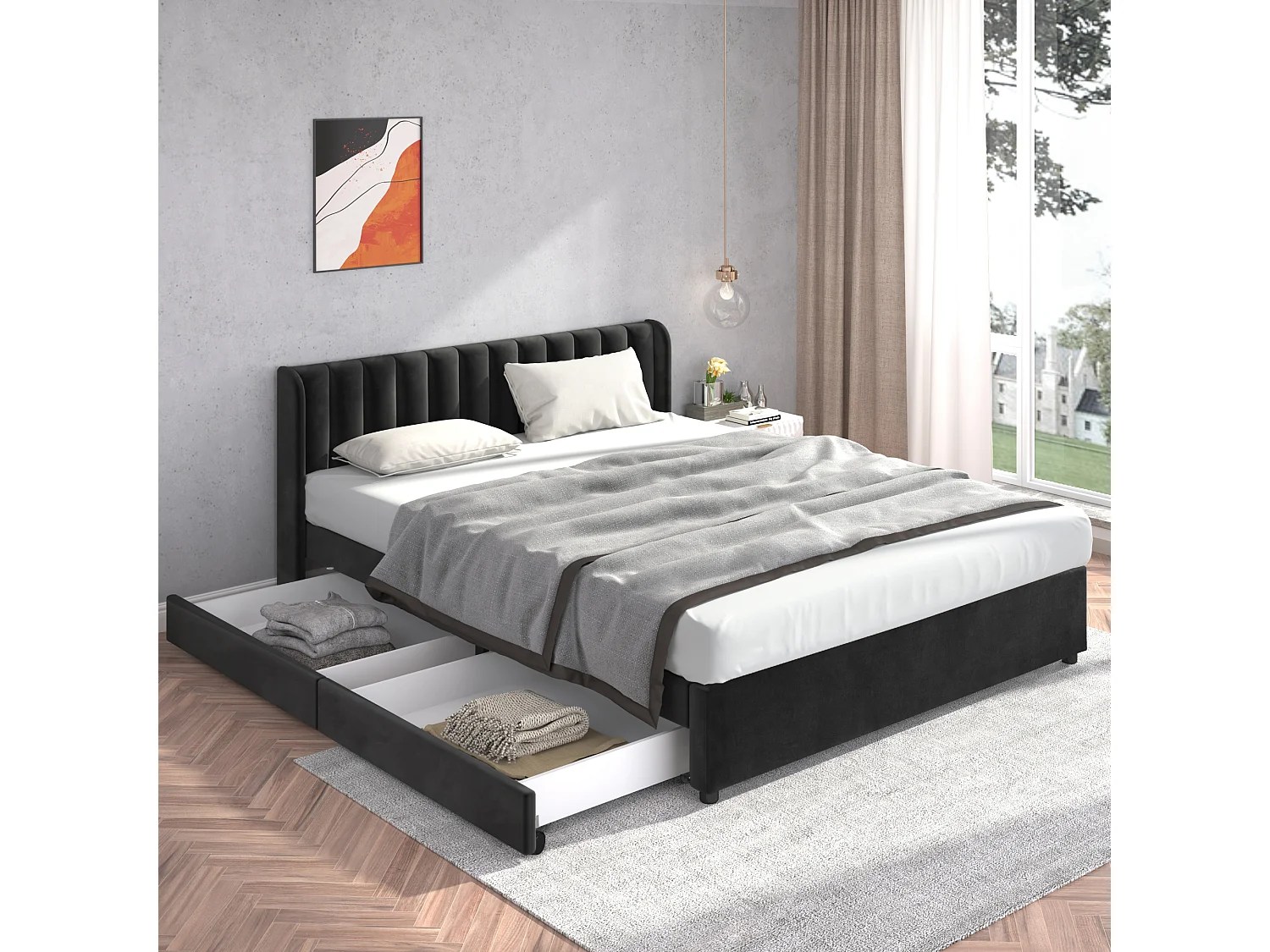 Lit double 180x200 cm avec tête de lit haute, 2 tiroirs, sommier à lattes, velours, noir (Sans matelas)