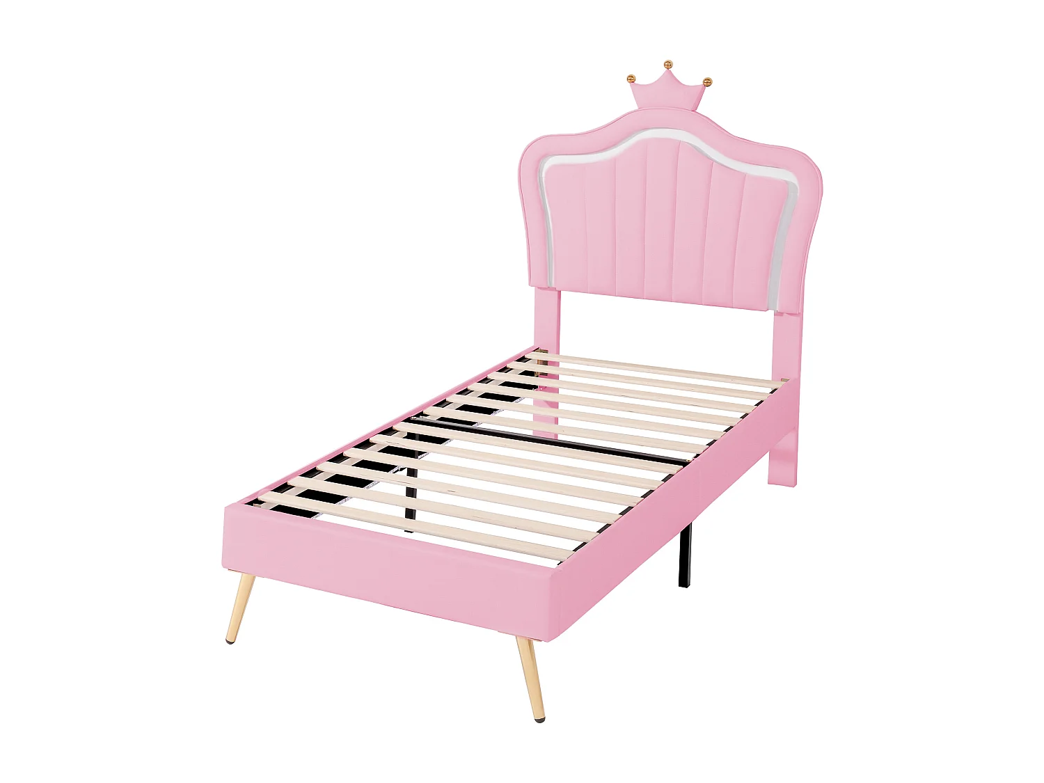 Lit enfant 90x200 cm avec LED et tête de lit réglable, avec sommier, rembourré rose (Sans matelas)