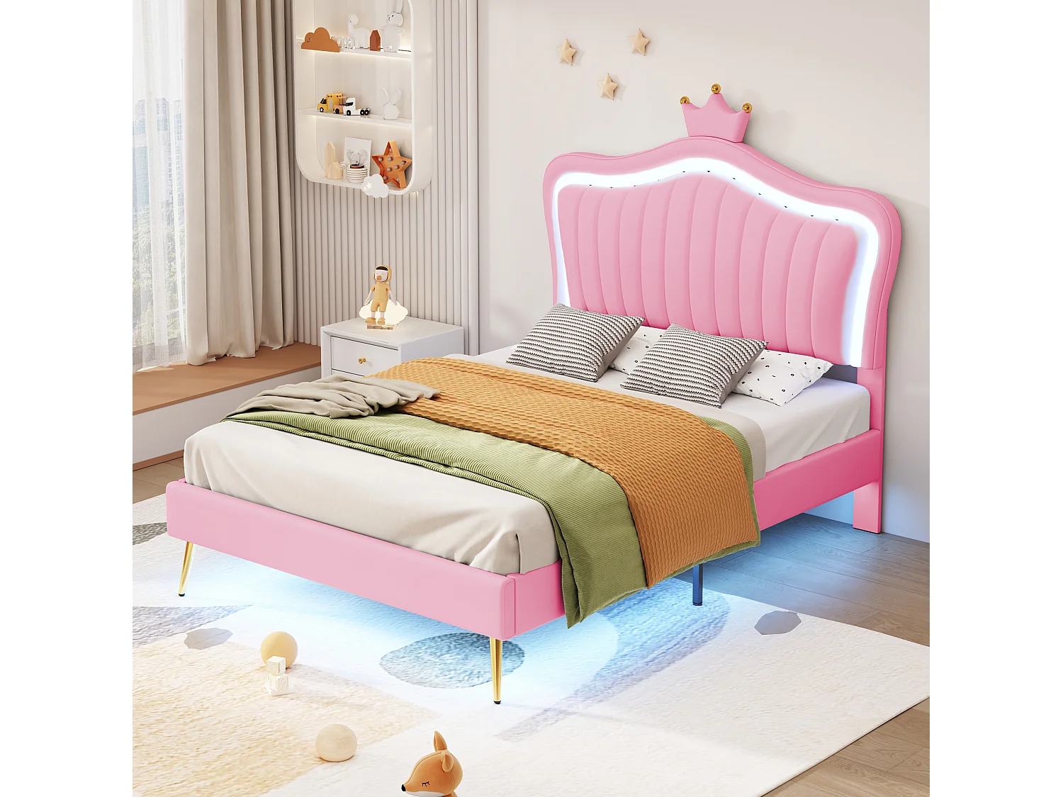 Lit enfant 90x200 cm avec LED et tête de lit réglable, avec sommier, rembourré rose (Sans matelas)