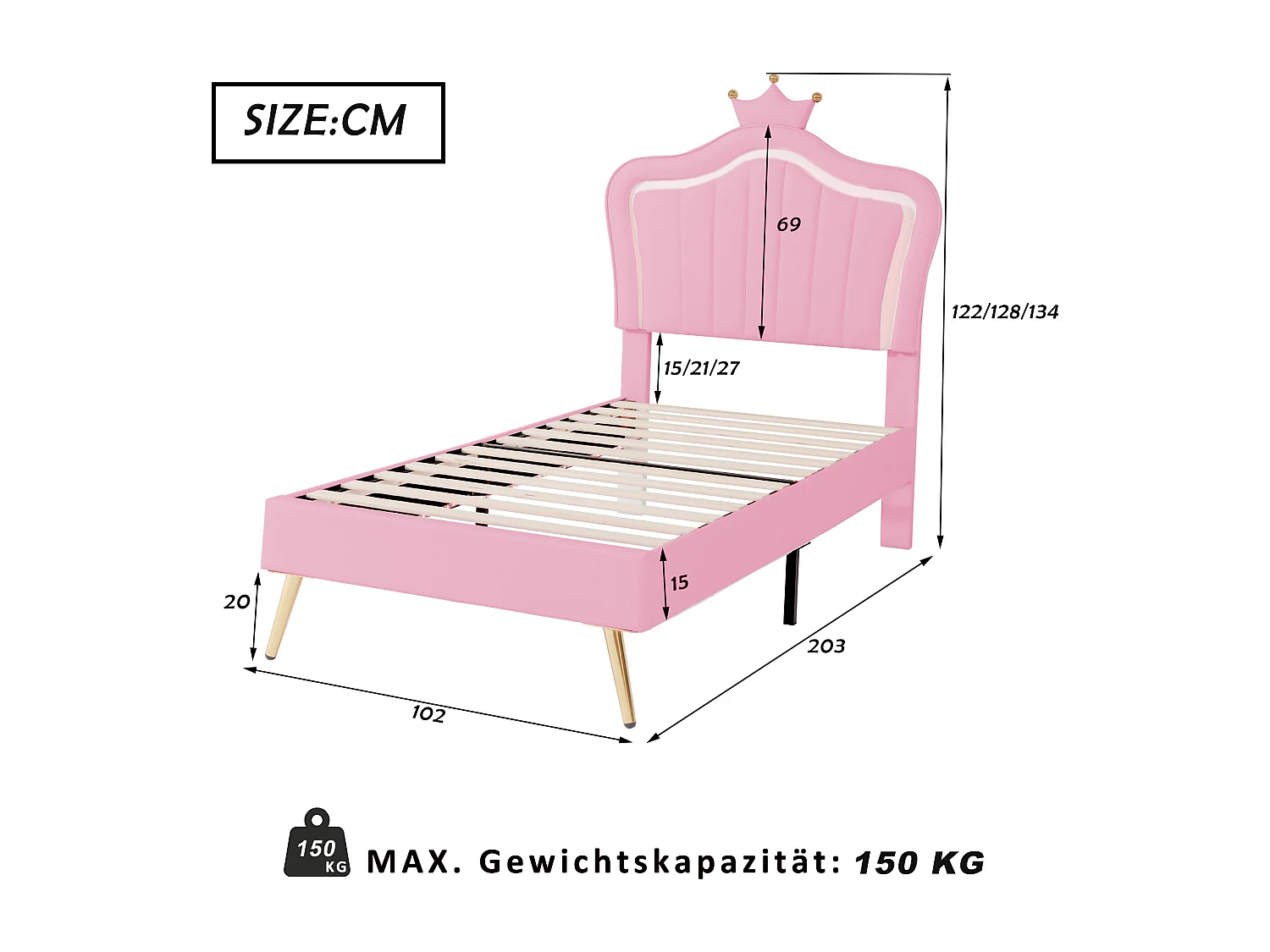 Lit enfant 90x200 cm avec LED et tête de lit réglable, avec sommier, rembourré rose (Sans matelas)