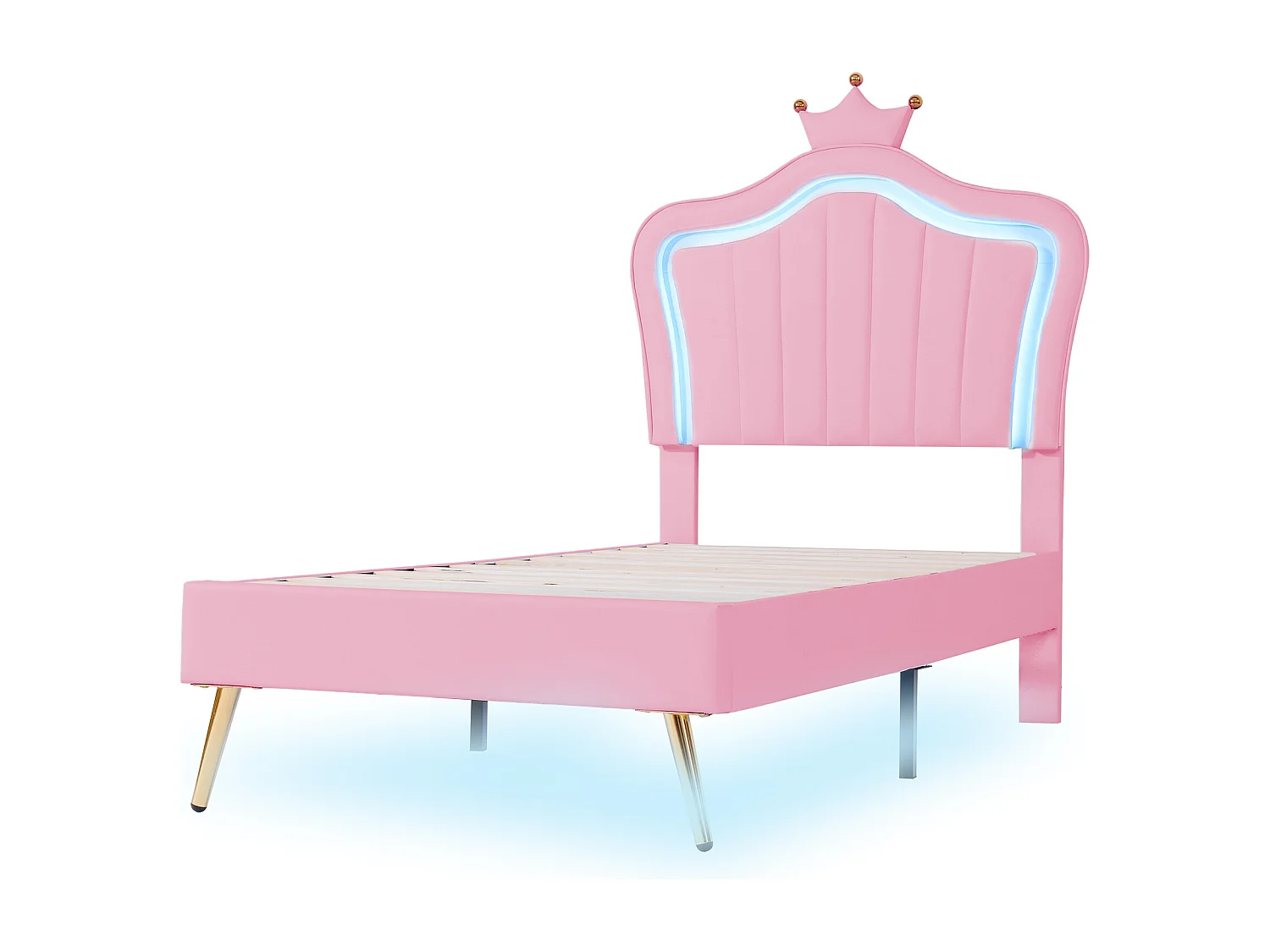 Lit enfant 90x200 cm avec LED et tête de lit réglable, avec sommier, rembourré rose (Sans matelas)