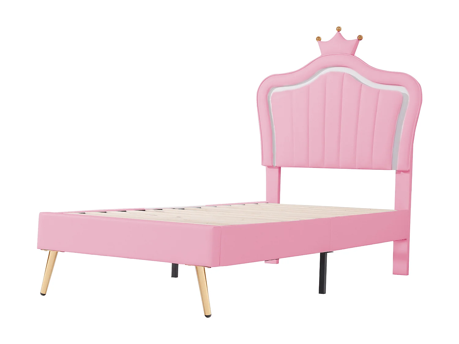 Lit enfant 90x200 cm avec LED et tête de lit réglable, avec sommier, rembourré rose (Sans matelas)