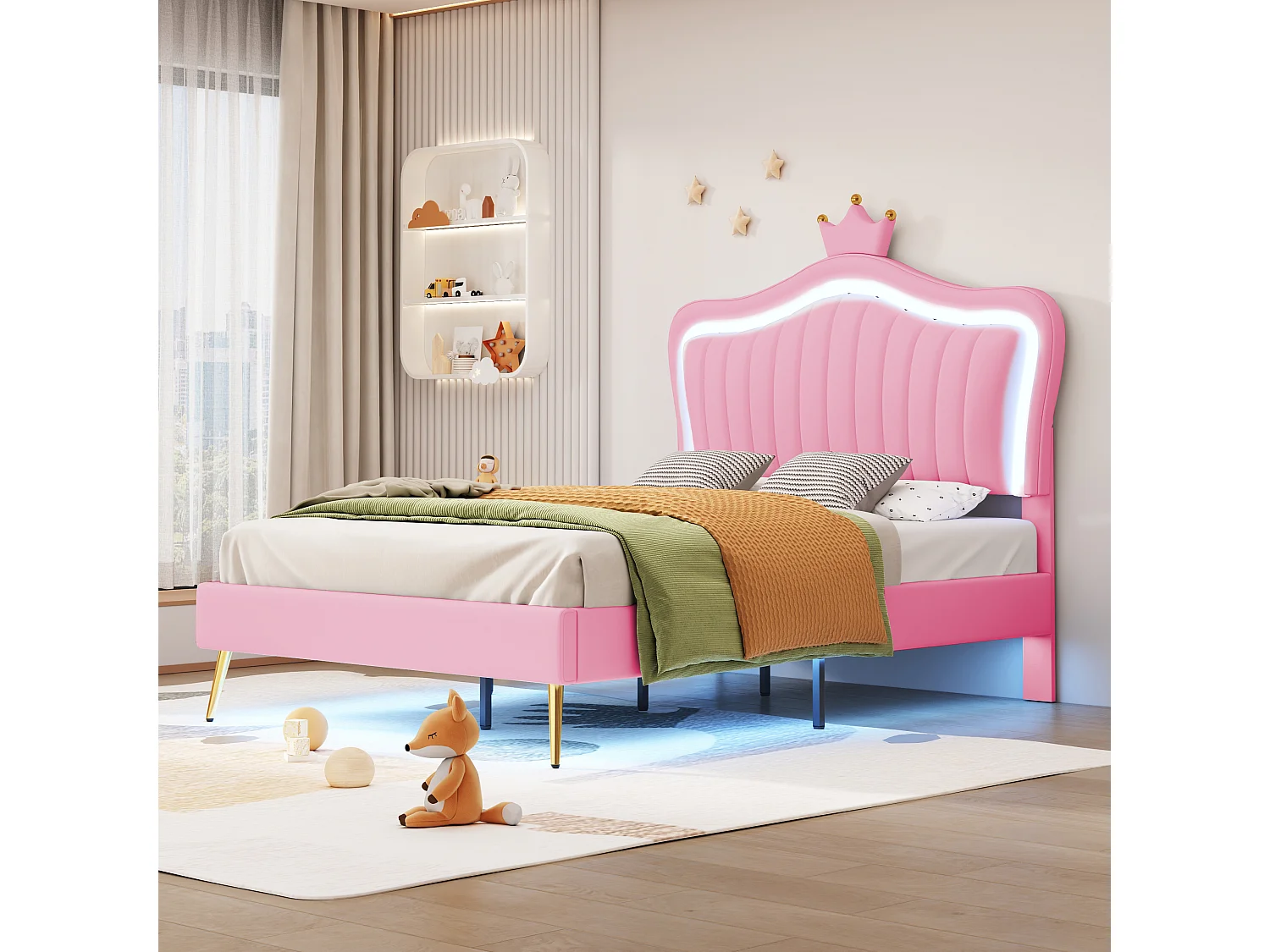 Lit enfant 90x200 cm avec LED et tête de lit réglable, avec sommier, rembourré rose (Sans matelas)