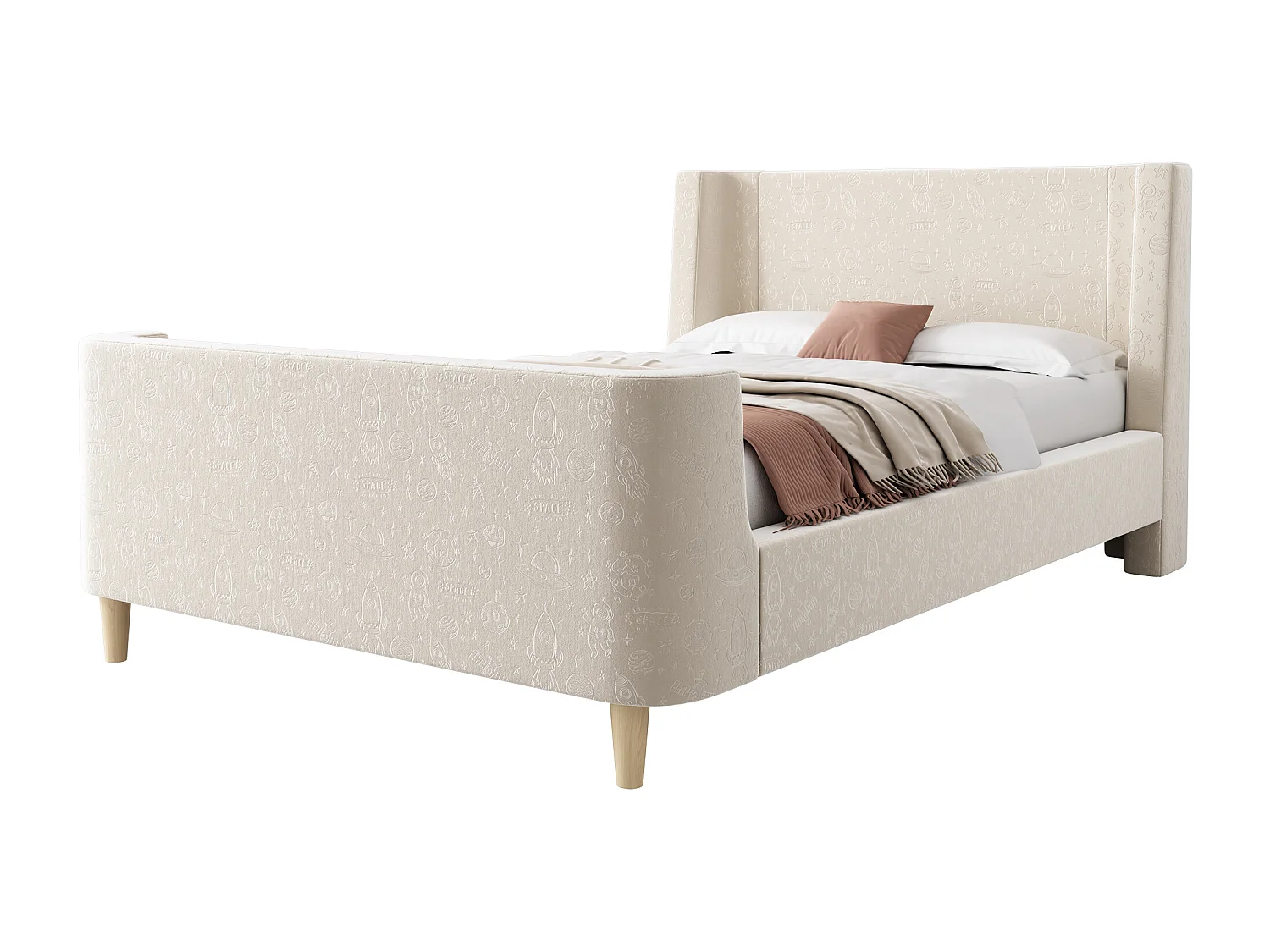 Lit enfant 90x200 cm avec sommier à Lattes- cadre de lit en bois - velours - beige (sans matelas)