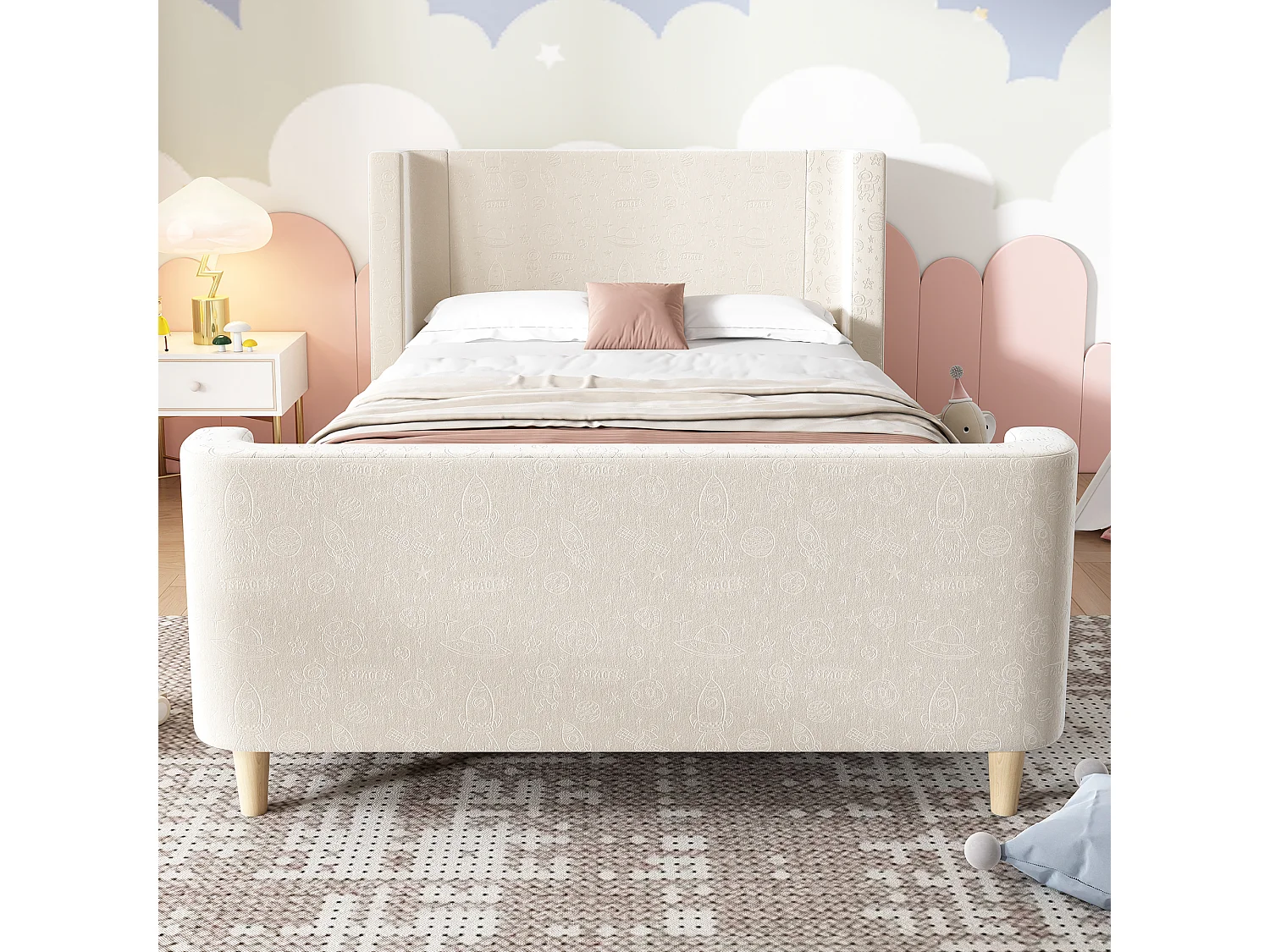 Lit enfant 90x200cm, motif spatial cartoon, tête de lit rembourrée, sommier à lattes, velours beige(Sans matelas)