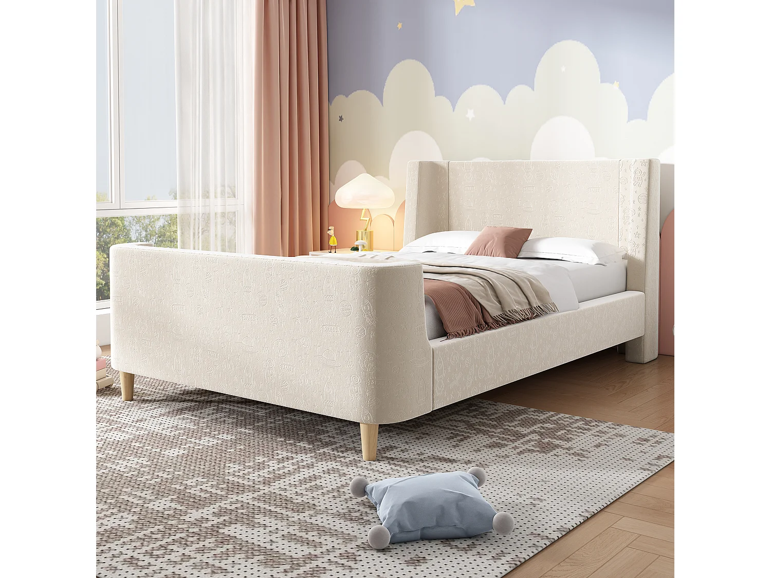 Lit enfant 90x200cm, motif spatial cartoon, tête de lit rembourrée, sommier à lattes, velours beige(Sans matelas)