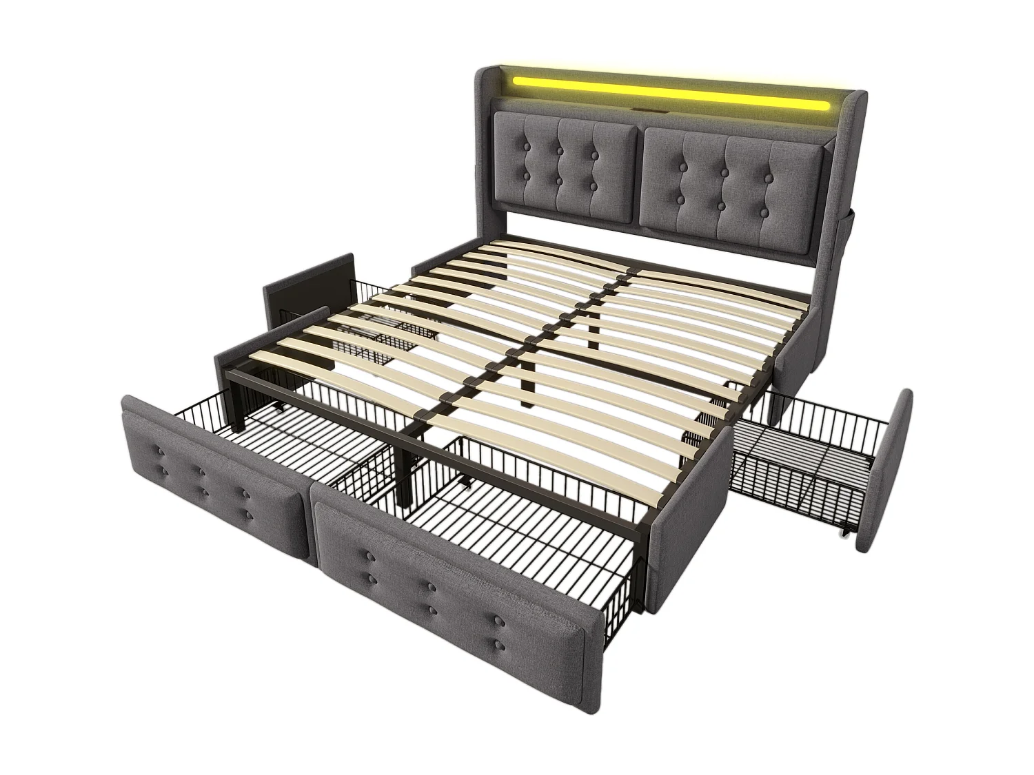 Lit double 140x200 cm, tête de lit avec LED et USB C, 4 tiroirs et poches, coton et lin gris(Sans matelas)