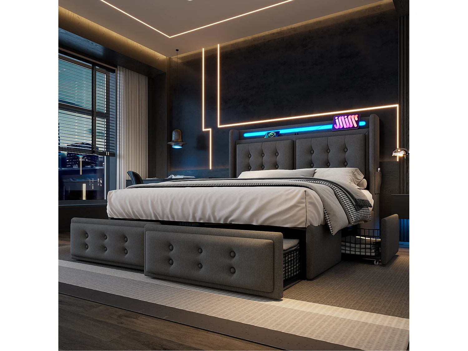 Lit double 140x200 cm, tête de lit avec LED et USB C, 4 tiroirs et poches, coton et lin gris(Sans matelas)