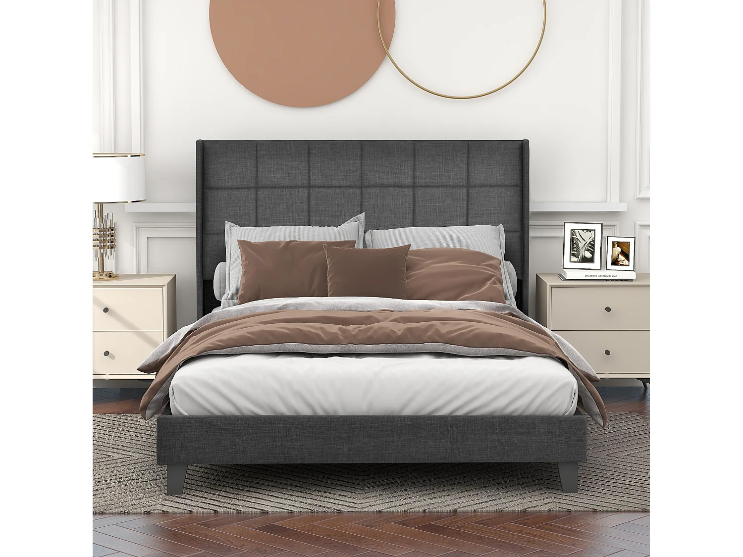 Lit double 140x200 cm avec sommier à lattes et tête de lit rembourrée en lin gris (Avec matelas)