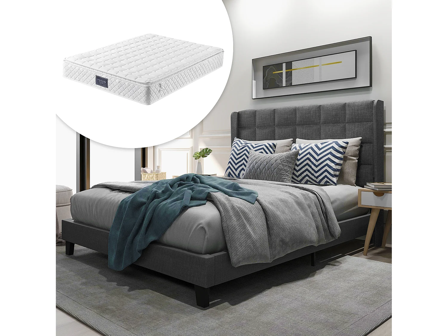 Lit double 140x200 cm avec sommier à lattes et tête de lit rembourrée en lin gris (Avec matelas)