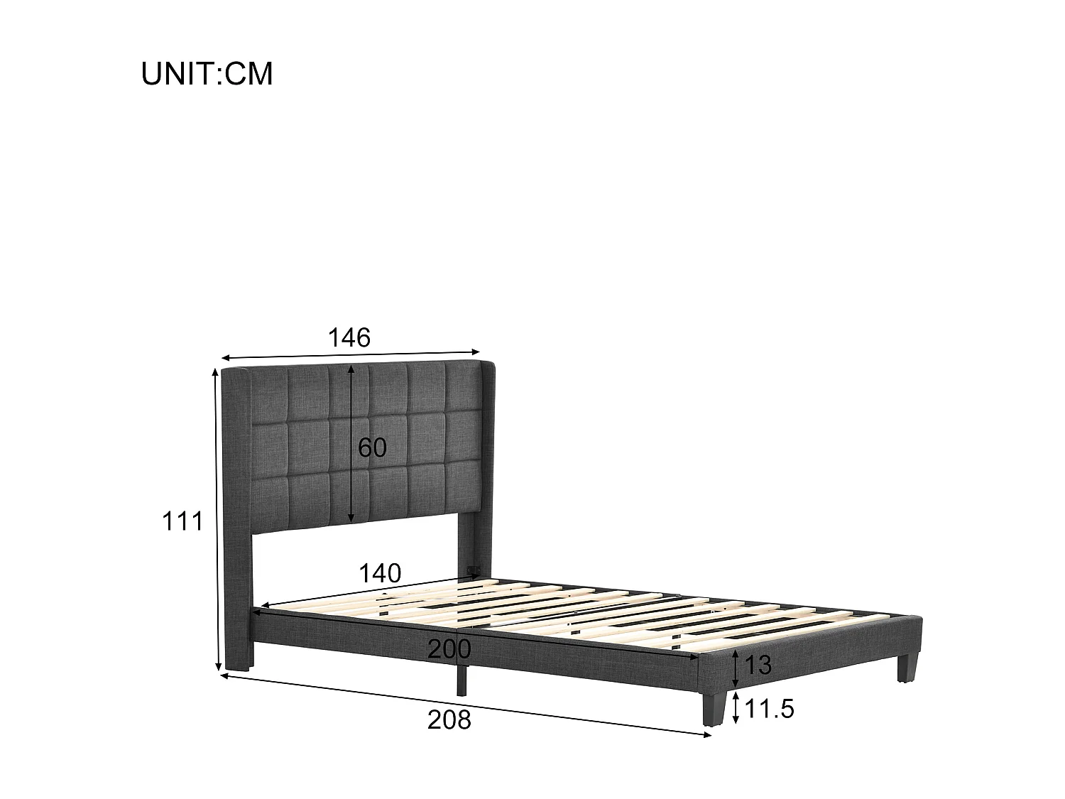 Lit double 140x200 cm avec sommier à lattes et tête de lit rembourrée en lin gris (Avec matelas)