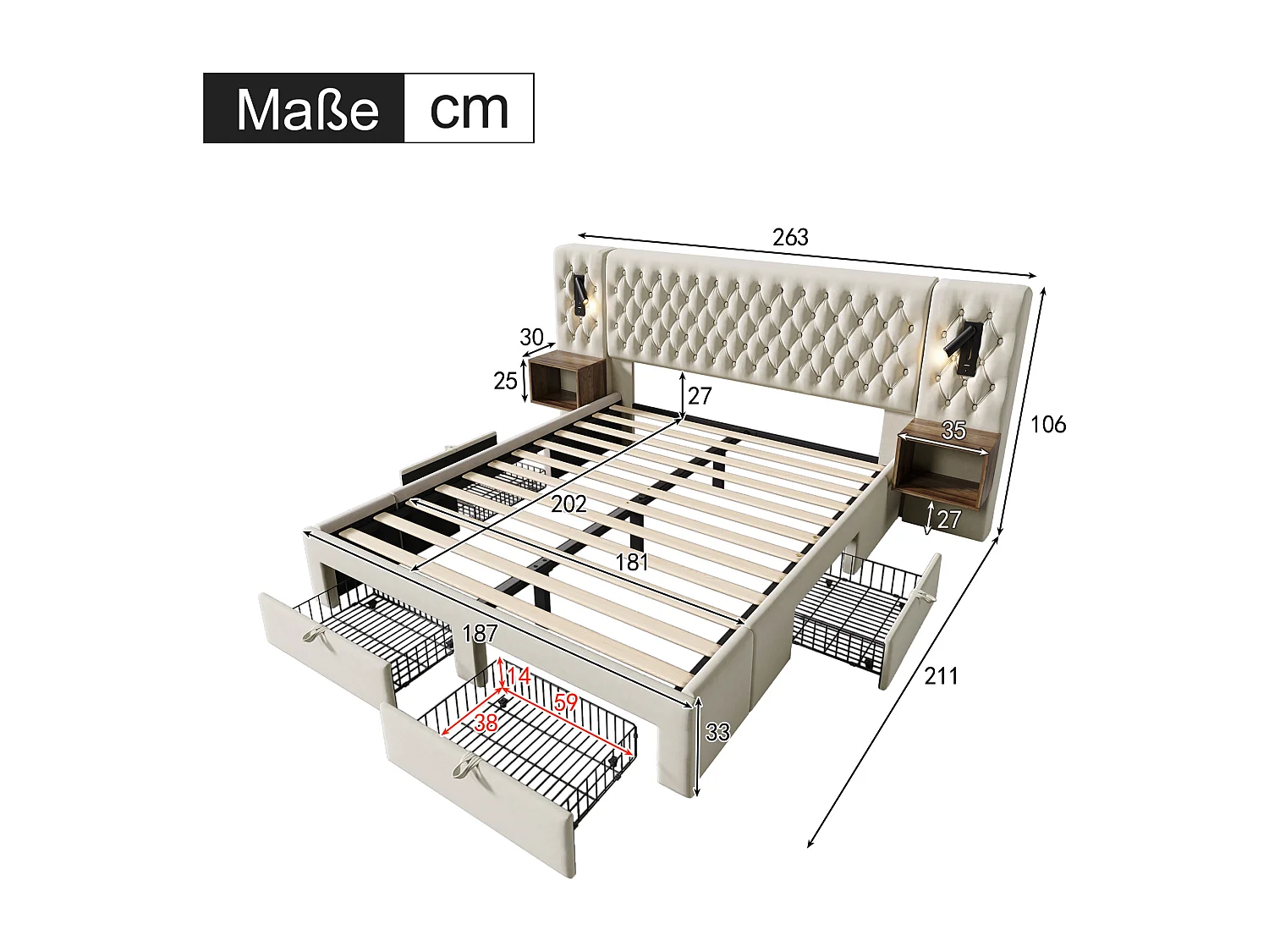 Lit adulte 180x200 cm avec 2 tables de chevet et 4 tiroirs - tête de lit avec lumière et USB - velours beige (sans matelas)