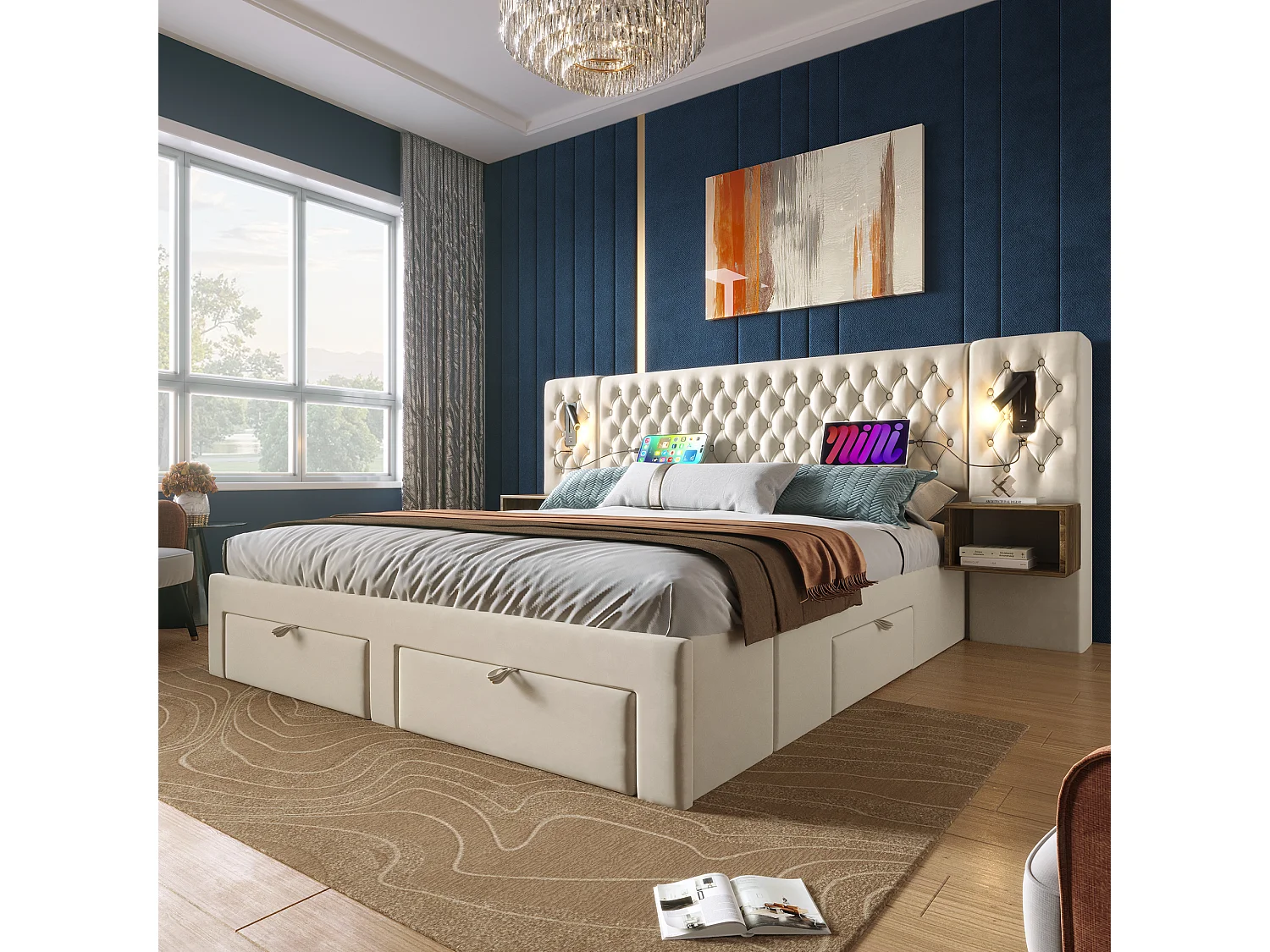 Lit double 180x200 cm avec 2 tables de chevet, 4 tiroirs et lampes de lecture USB, velours beige (Sans matelas)