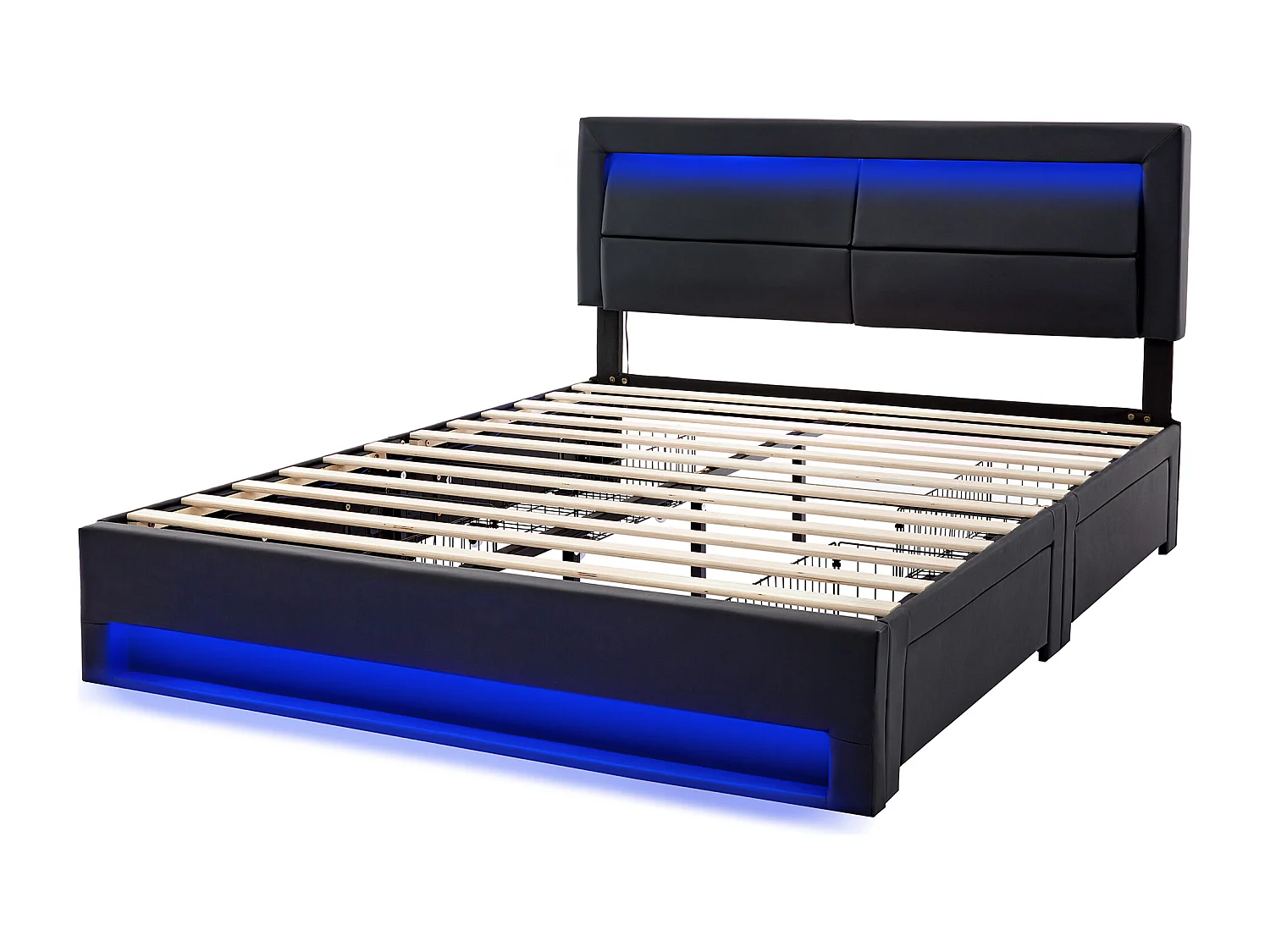 Lit double 140x200 cm avec chargement USB, LED et 4 tiroirs, PU noir (Sans matelas)
