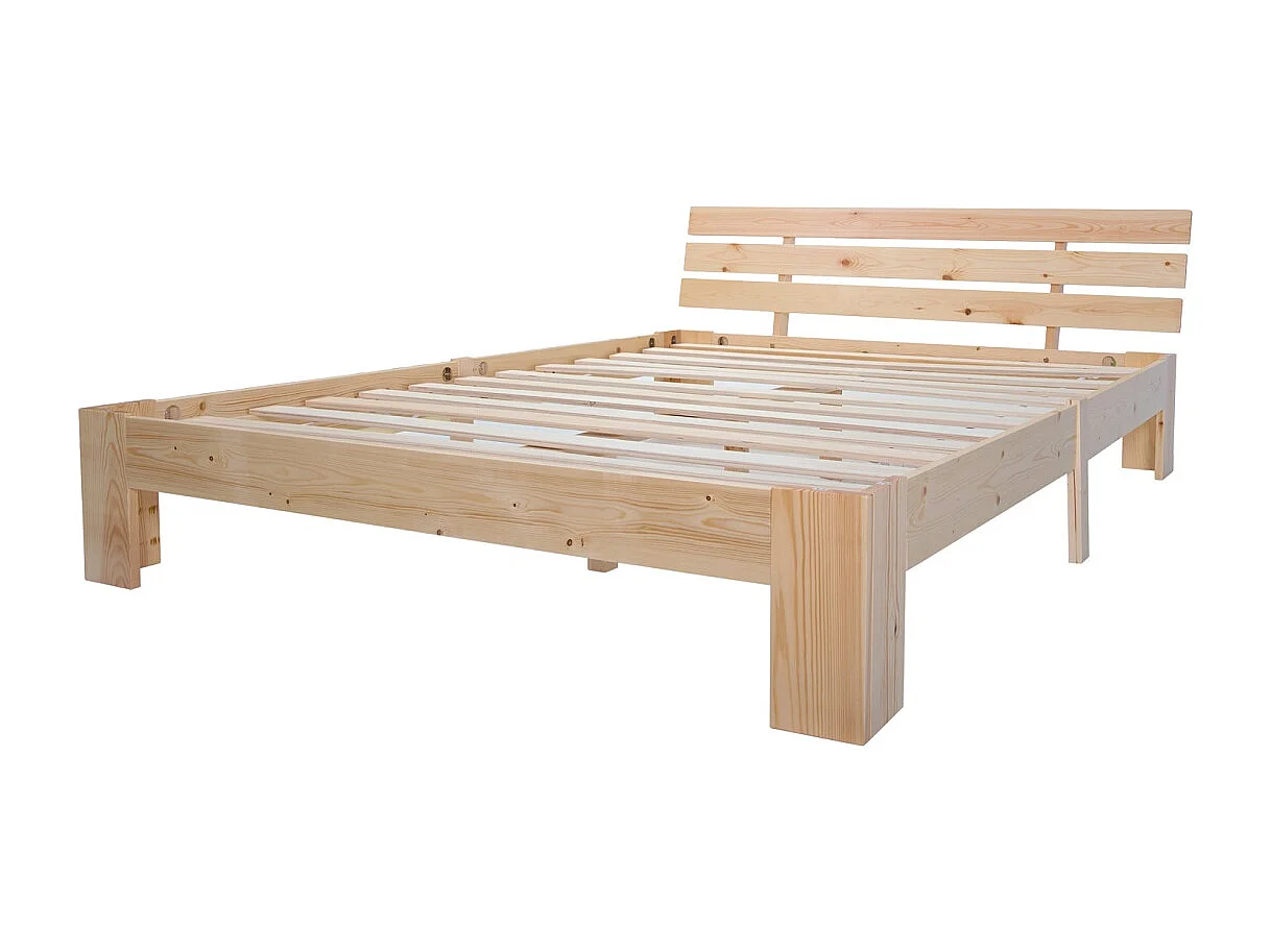Lit double 140x200 cm, sommier à lattes inclus, rangement sous le lit, bois massif, coloris naturel(Sans matelas)