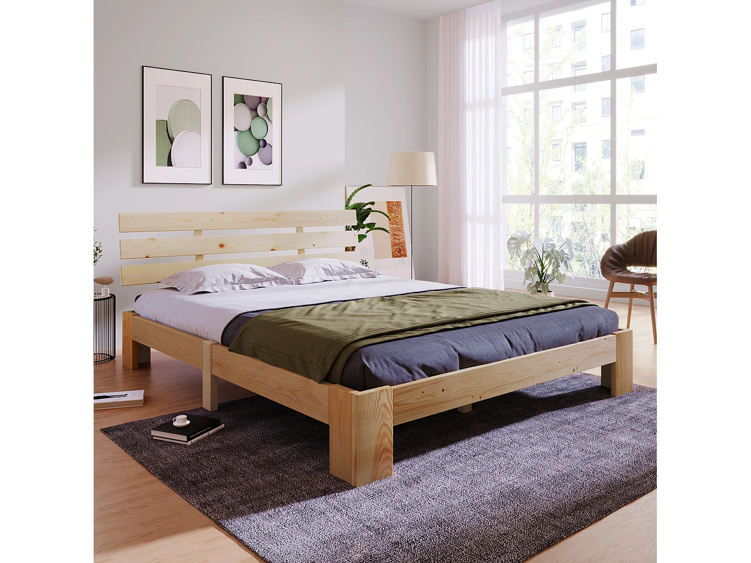Lit double 140x200 cm, sommier à lattes inclus, rangement sous le lit, bois massif, coloris naturel(Sans matelas)