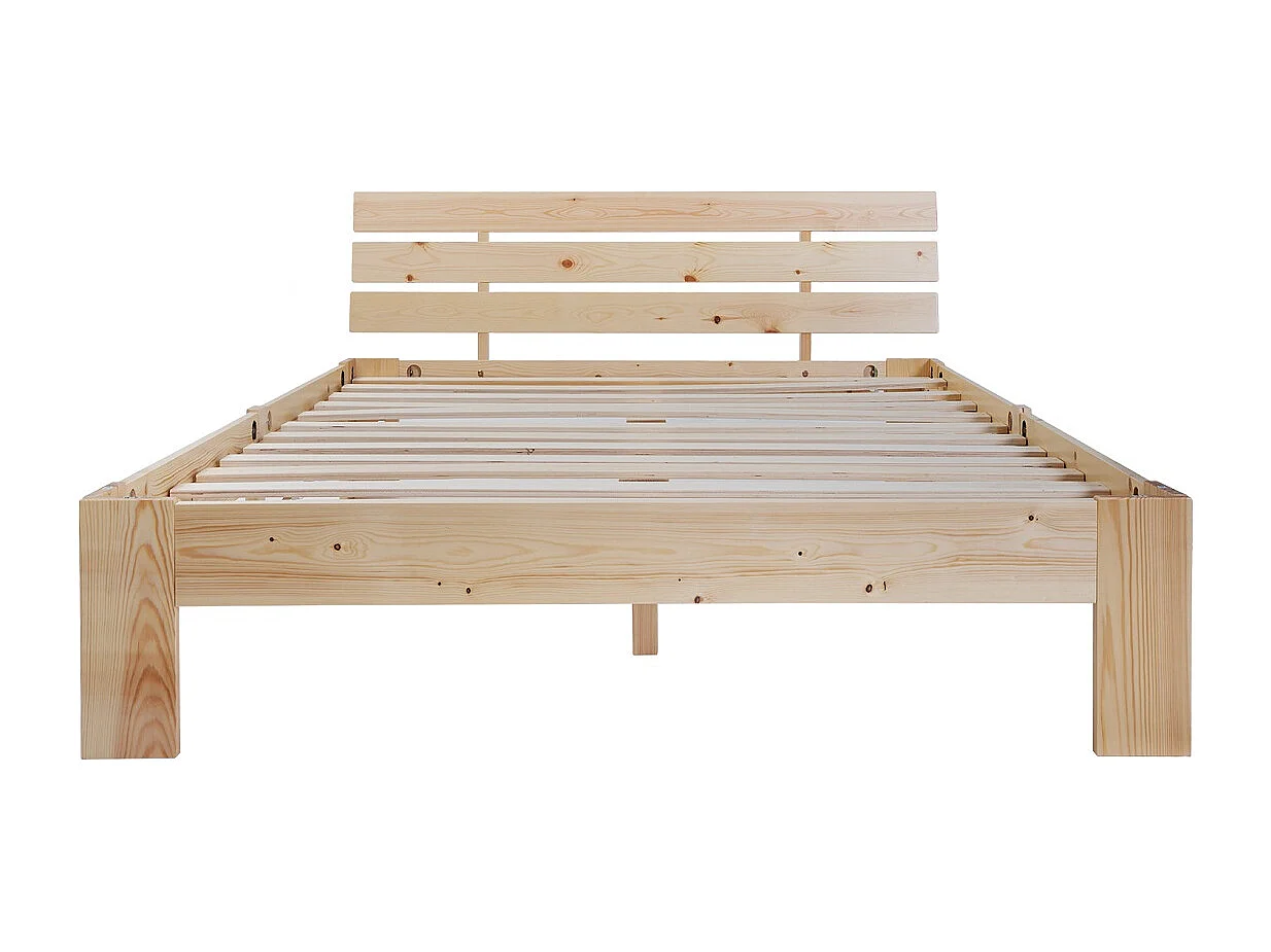Lit double 140x200 cm, sommier à lattes inclus, rangement sous le lit, bois massif, coloris naturel(Sans matelas)
